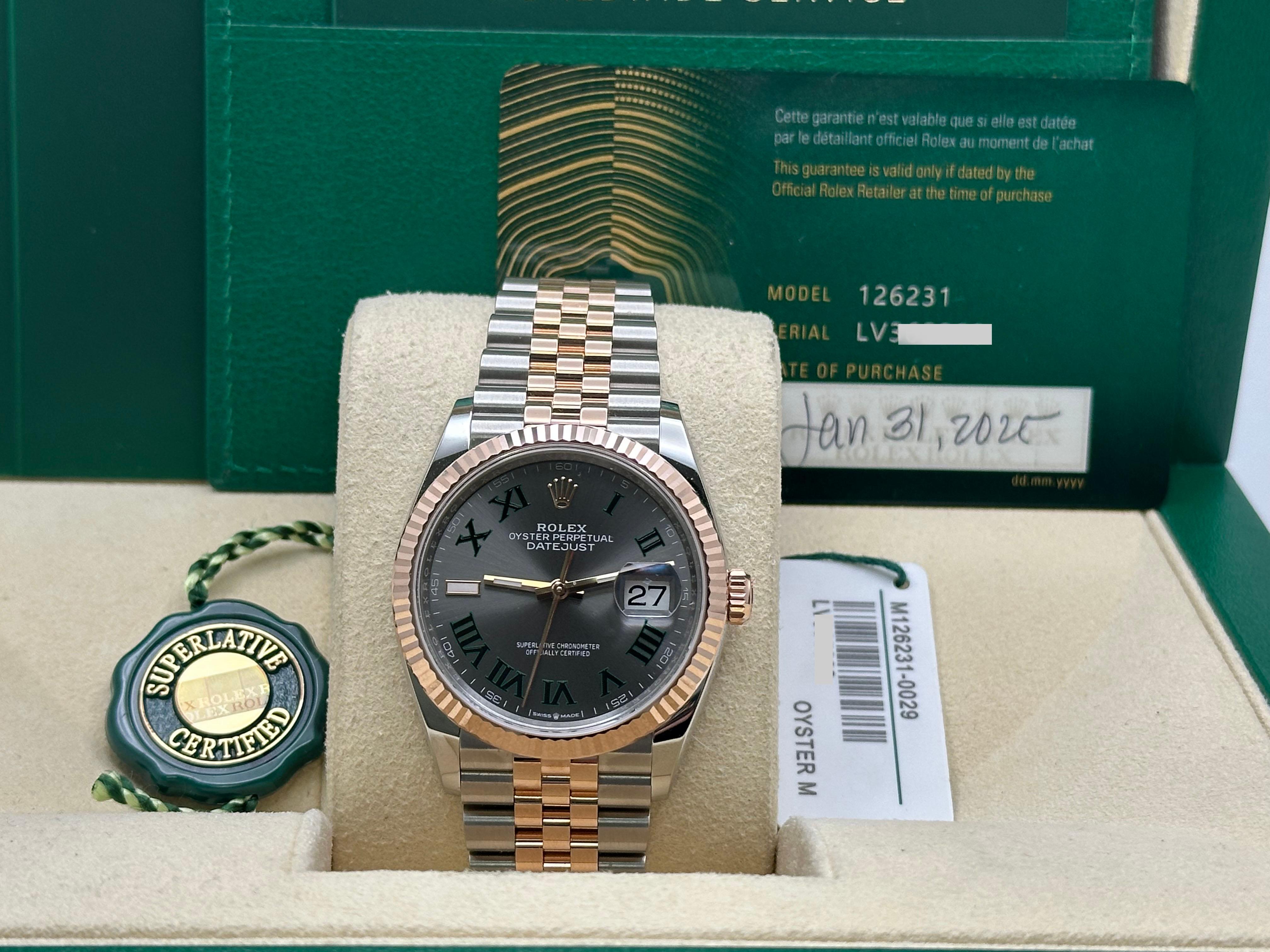 2025 Rolex Datejust 126231 Wimbledon Dial 18K Rose Gold Stainless Box Paper In Excellent Condition For Sale In San Diego, CA