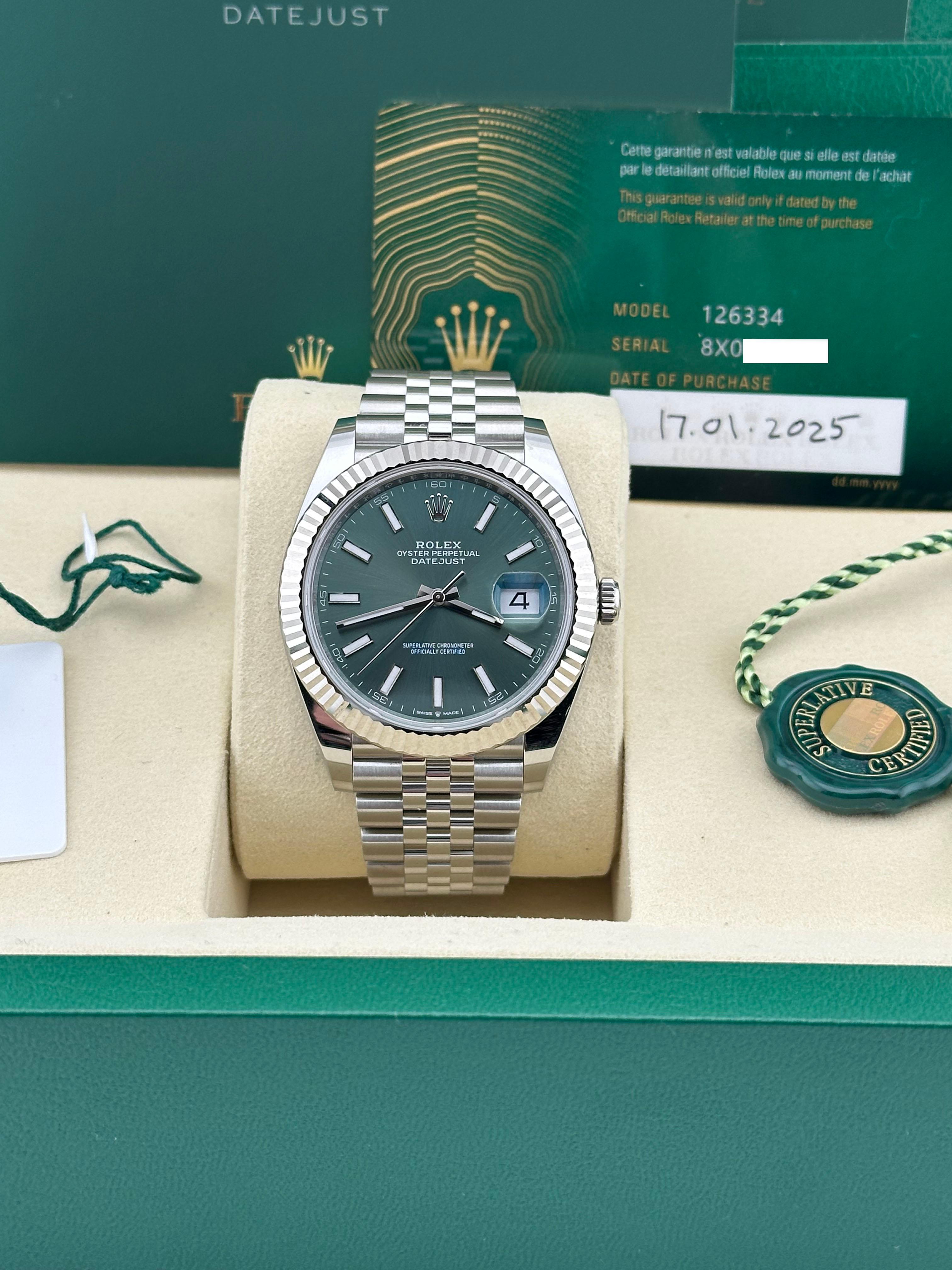 2025 Rolex Datejust 41 126334 Mint Green 18k Gold Stainless Jubilee Box Paper In Excellent Condition In San Diego, CA
