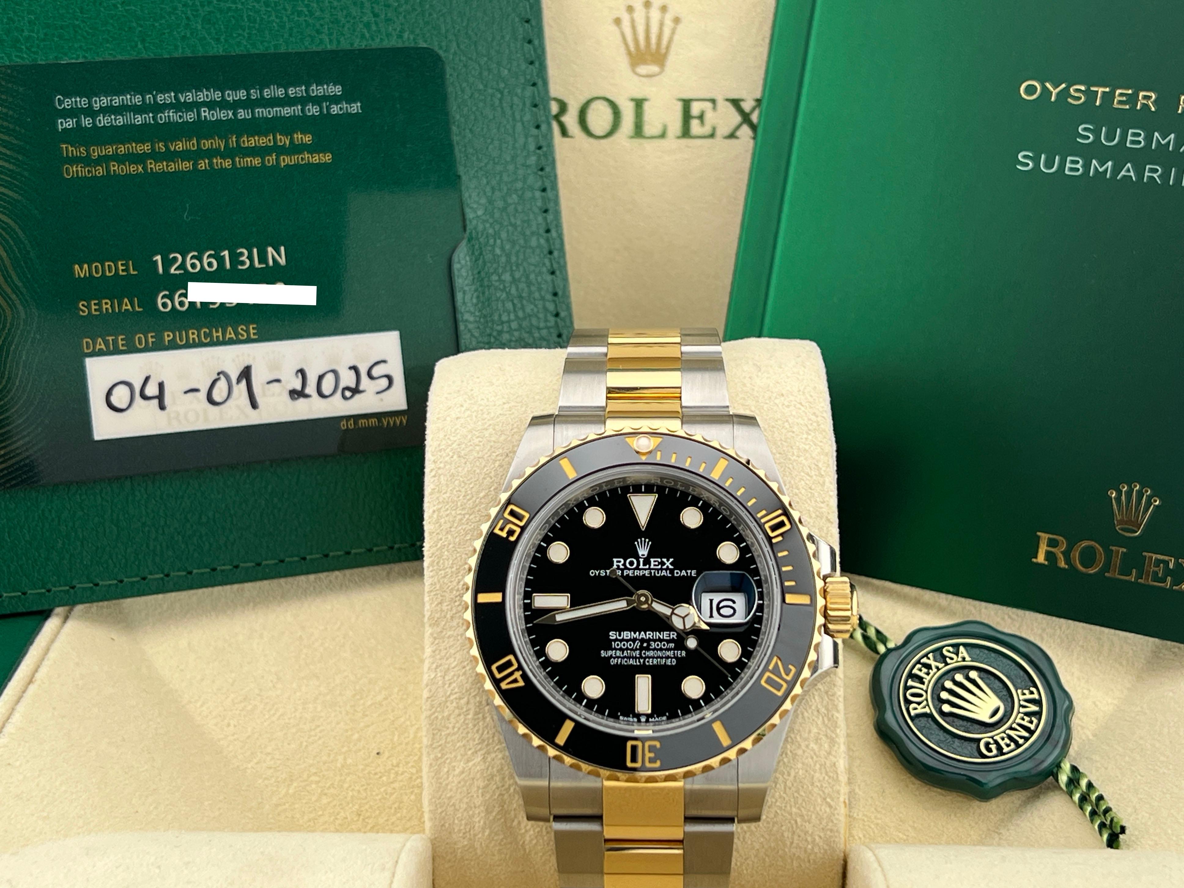 Numero di stile: 126613LN



Seriale: 66T93***



Year: 2025

 

Model: Rolex Submariner 

 

Materiale della cassa: Acciaio inossidabile 

 

Fascia: oro giallo 18 carati e acciaio inossidabile 

  

Lunetta: ceramica nera 

  

Quadrante: nero

