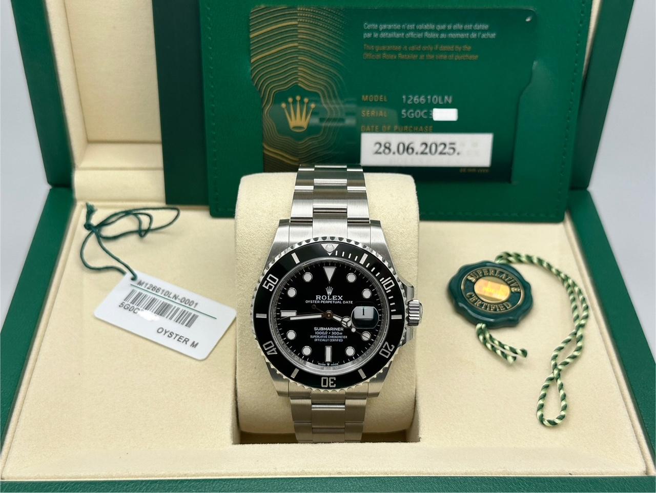 Style Number: 126610LN



Serial: SG0C3***



Year: 2025

 

Model: Rolex Submariner Date

 

Case Material: Stainless Steel

 

Band: Stainless Steel

   

Bezel: Black Ceramic

  

Dial: Black

 

Crystal: Sapphire Crystal

 

Case Size: 41mm

