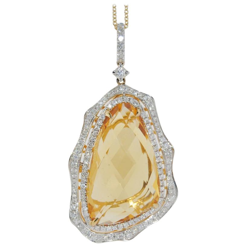 20.26 Carat Citrine and Diamond Pendant Necklace, 14 Karat Gold For Sale