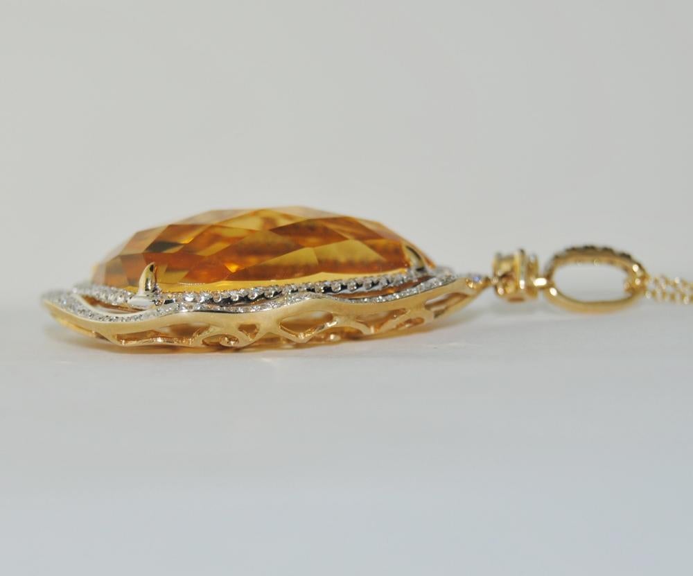 Contemporary 20.26 Carat Citrine and Diamond Pendant Necklace, 14 Karat Gold For Sale
