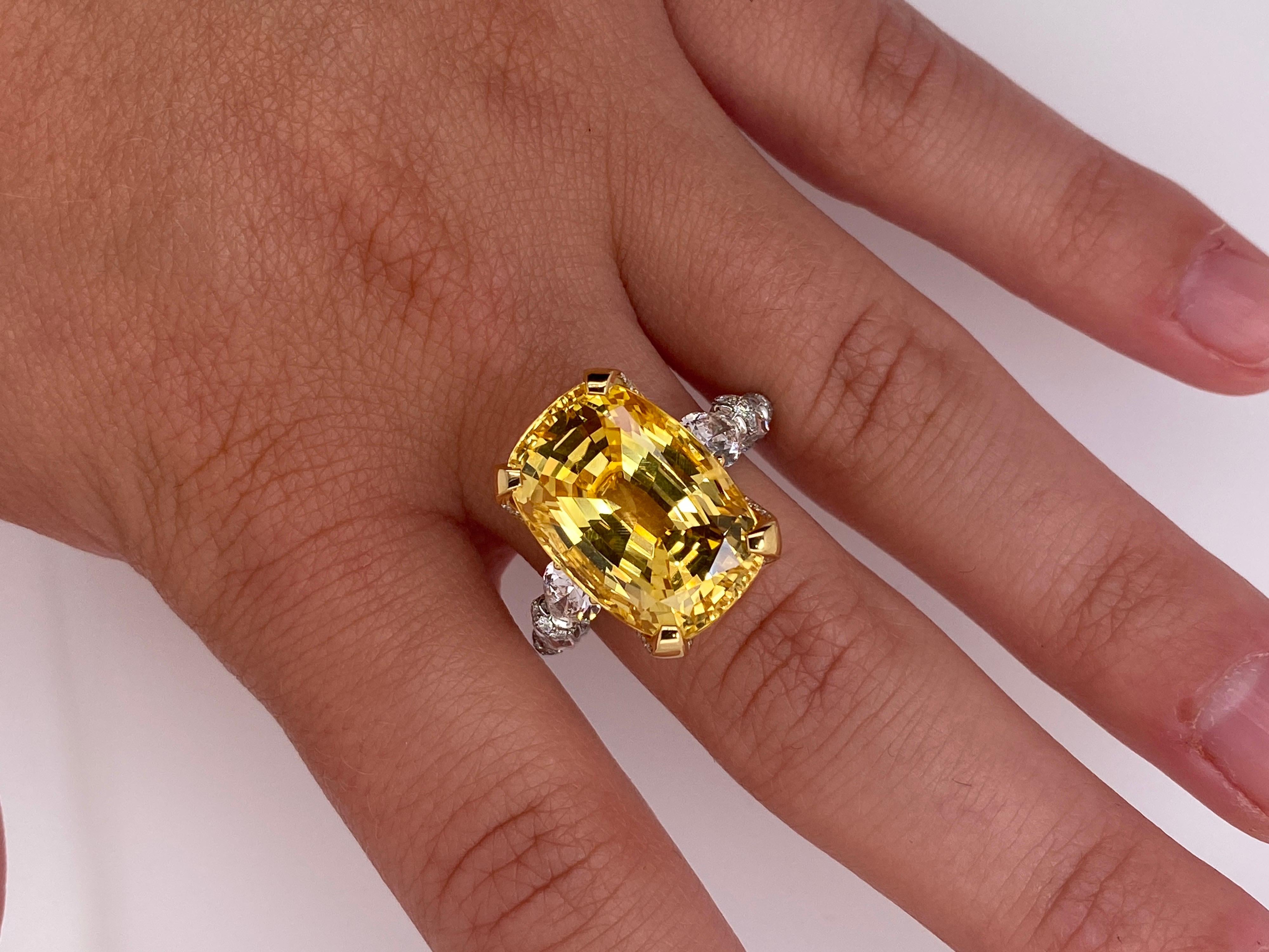 20.26 Carat Yellow Cushion Sapphire and Diamond Ring 5