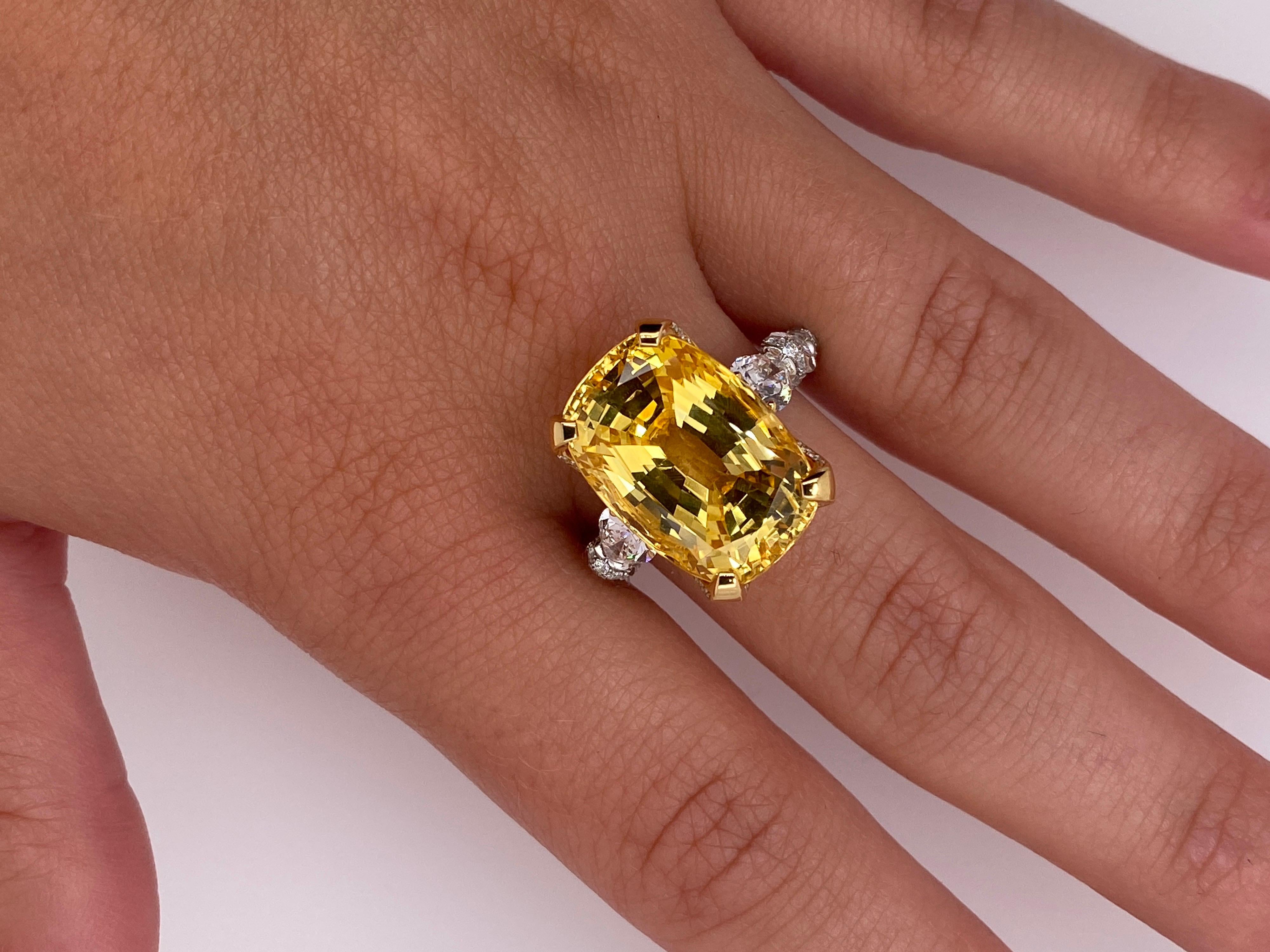 20.26 Carat Yellow Cushion Sapphire and Diamond Ring 6
