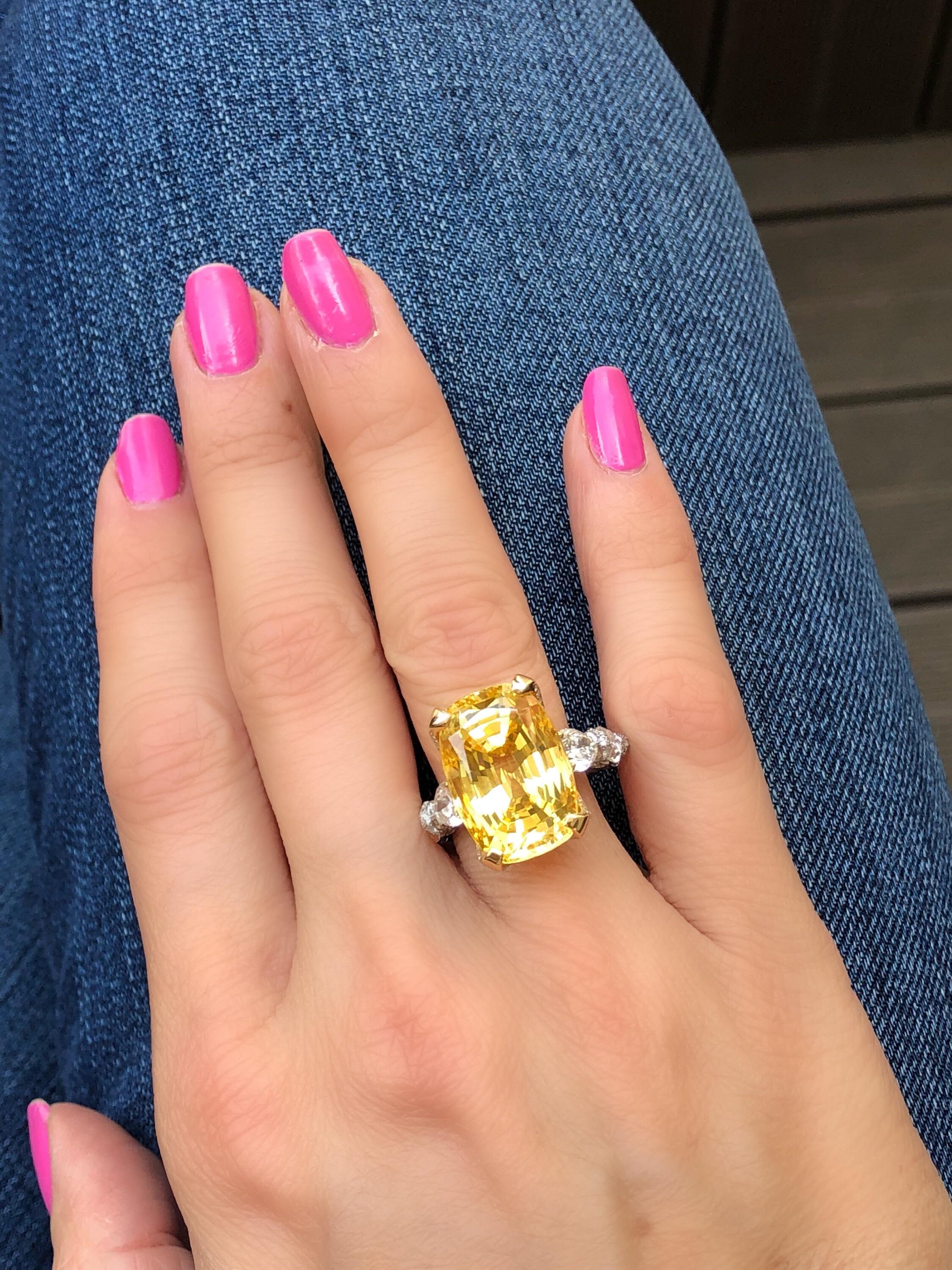 20.26 Carat Yellow Cushion Sapphire and Diamond Ring 2