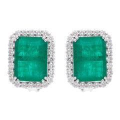 20.26 CTW Zambian Emerald Diamond Halo Stud Earrings 18 Karat White Gold