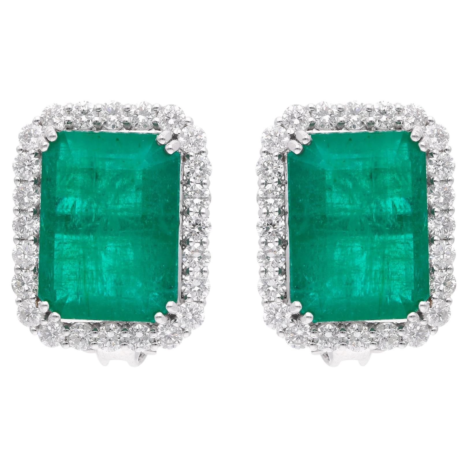 20.26 CTW Zambian Emerald Diamond Halo Stud Earrings 18 Karat White Gold