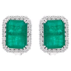 20.26 CTW Zambian Emerald Diamond Halo Stud Earrings 18 Karat White Gold