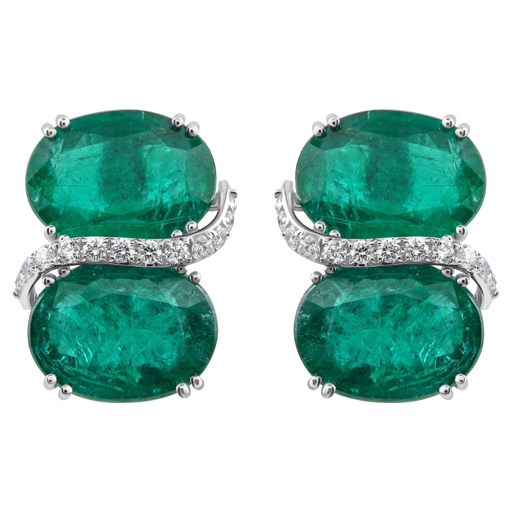20.28 Carat Zambian Emerald 0.45 Carat SI/H Diamond Earrings 18 Karat White Gold For Sale