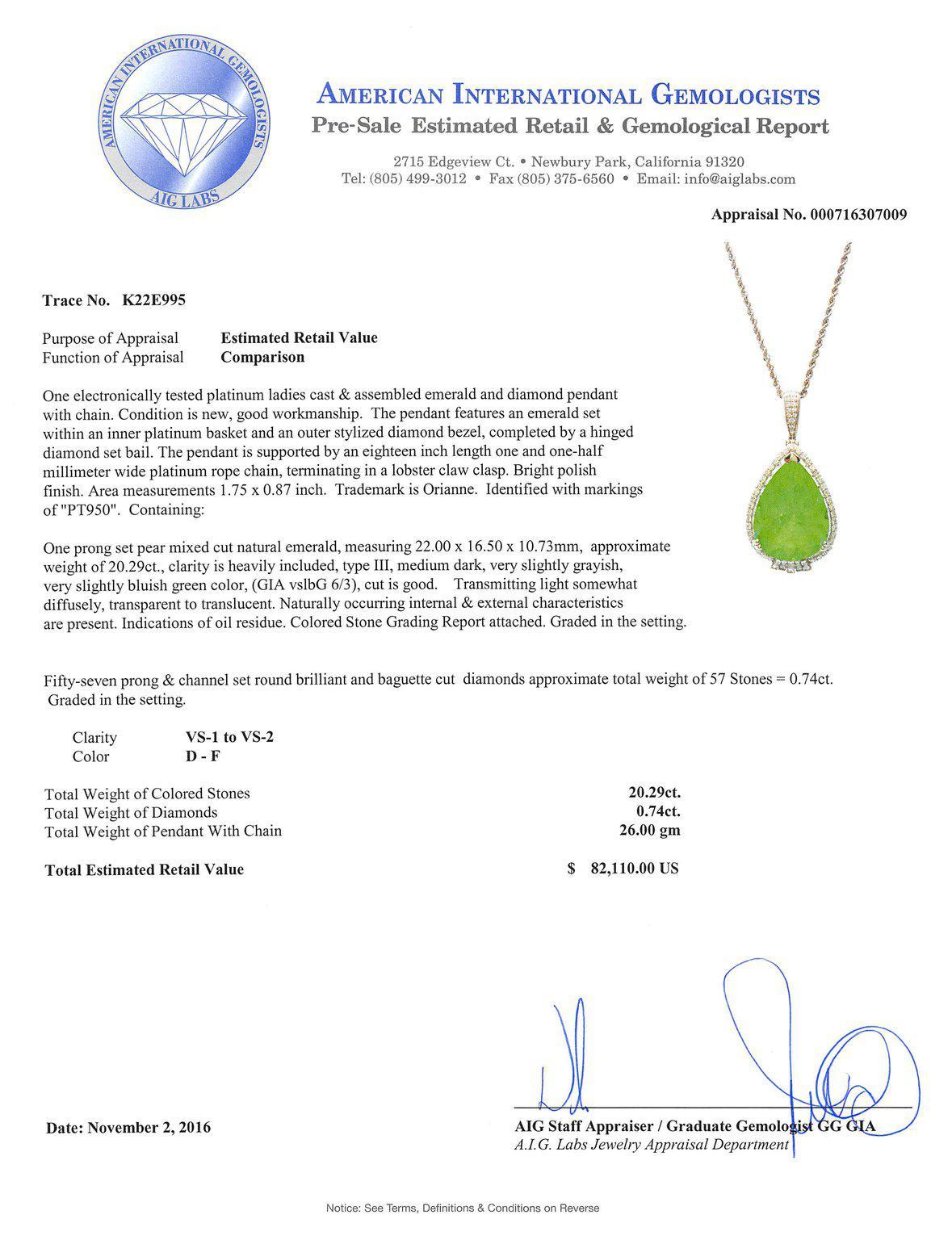 Pear Cut 20.29 Carat Emerald Diamond Pendant Necklace For Sale