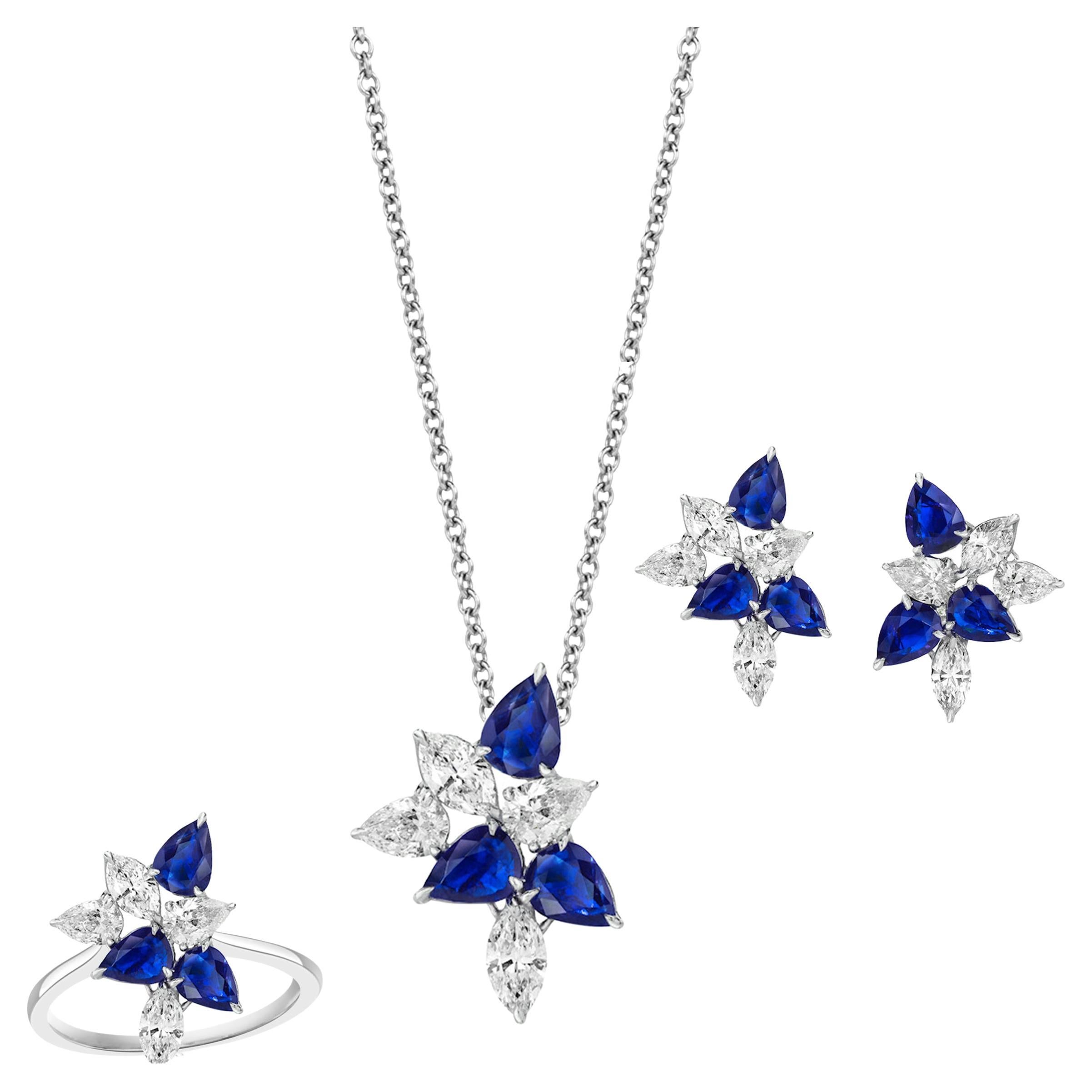 20.29 Carats Sapphire and Pear Shaped Diamond Cluster Set For Sale