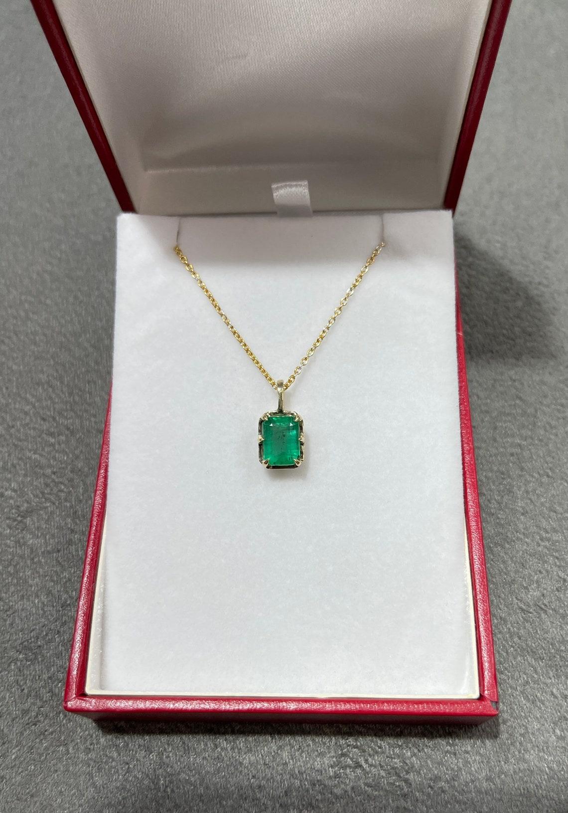 Emerald Cut 2.02ct 14K Emerald Georgian Styled 6-Prong Solitaire Pendant For Sale