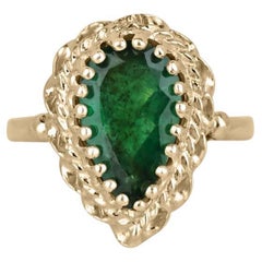 2.02ct 14K Pear Cut Emerald Solitaire Ring - Dark Green Vintage Multi-Prong 585