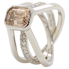 2.02ct Champagne Emerald Cut Diamond and White Diamond Pave Set Platinum Ring