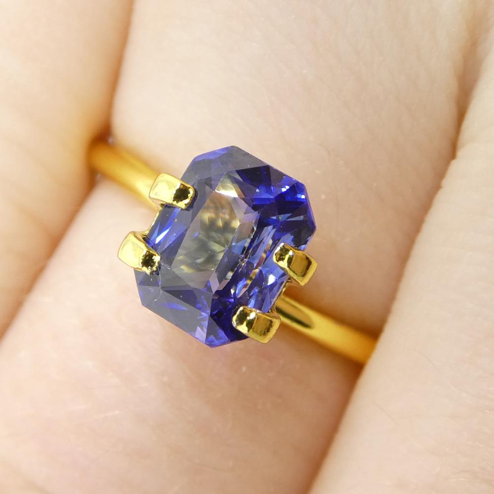 Description:

Gem Type: Sapphire 
Number of Stones: 1
Weight: 2.02 cts
Measurements: 7.70 x 5.96 x 4.33 mm
Shape: Octagonal/Emerald Cut
Cutting Style Crown: Modified Brilliant Cut
Cutting Style Pavilion:  
Transparency: Transparent
Clarity: Very