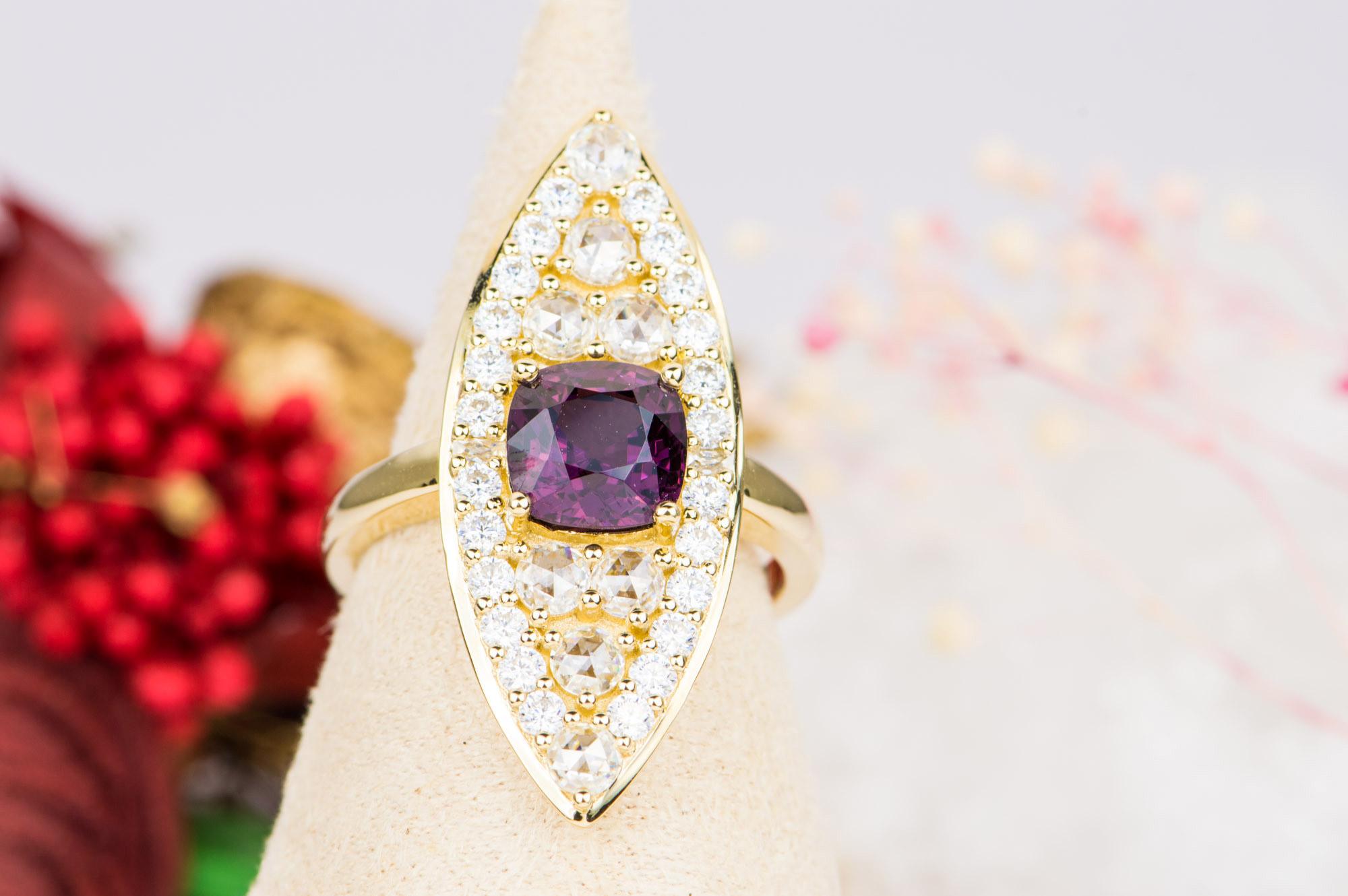 ♥  This is a stunning dinner ring featuring a beautiful royal purple color spinel in the center, surrounded by rows of rose cut and French cut moissanites
♥  The setting is created in a long marquise / navette shape for an elongated effect. Will