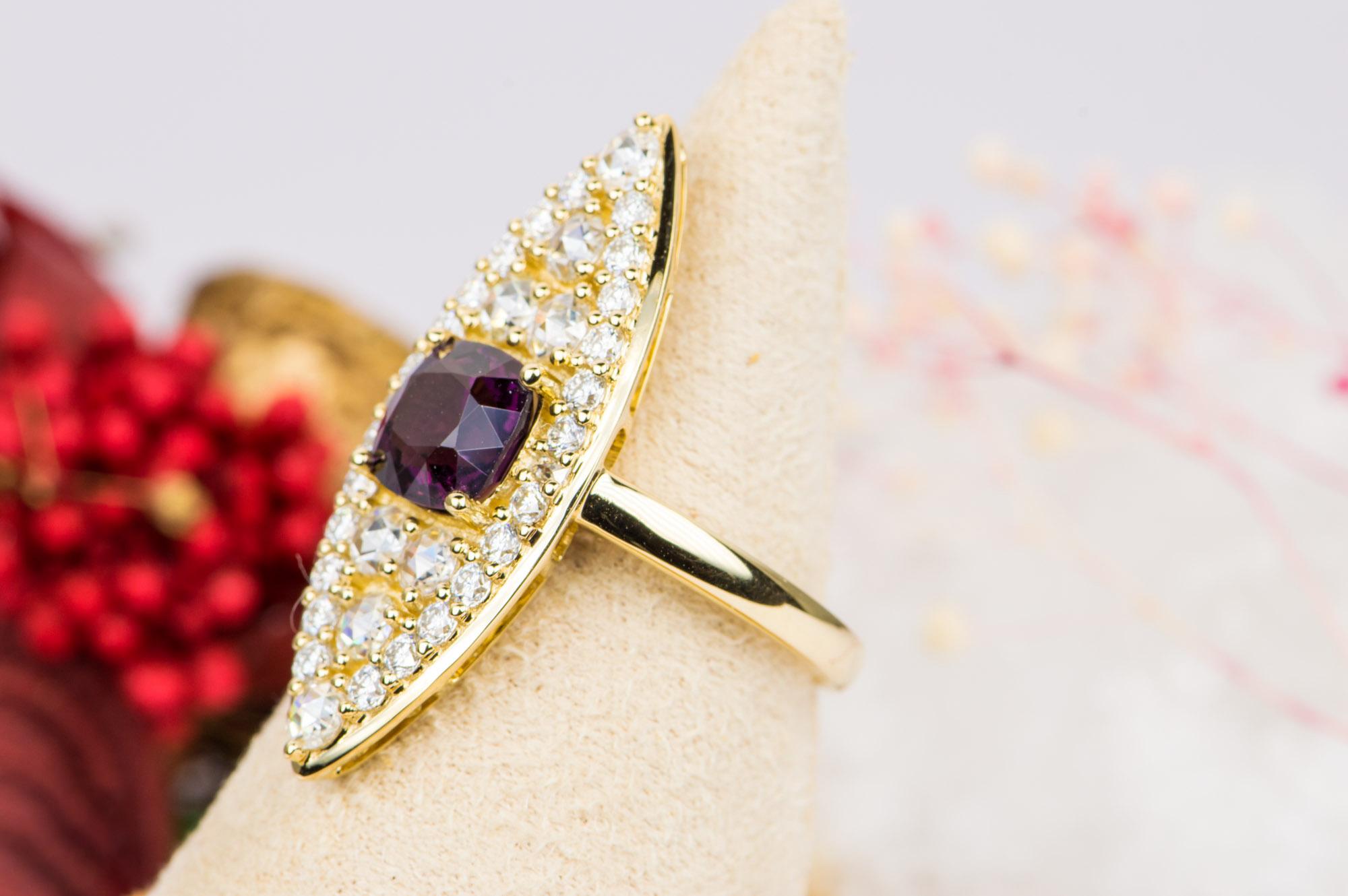 Cushion Cut 2.02ct Royal Purple Spinel 14k Gold Navette Ring Elongated French Cut AD1914