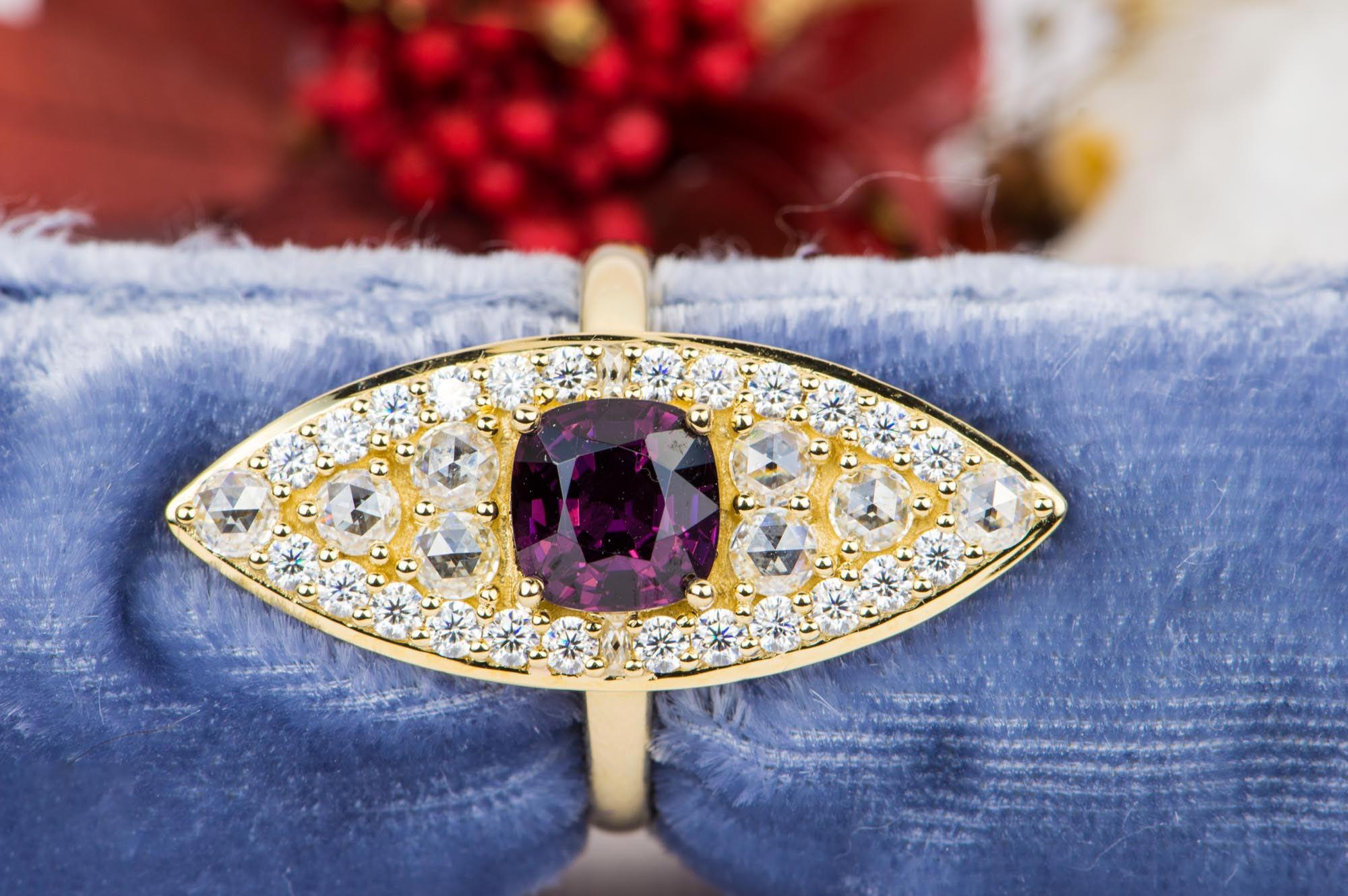 2.02ct Royal Purple Spinel 14k Gold Navette Ring Elongated French Cut AD1914 In New Condition In Osprey, FL