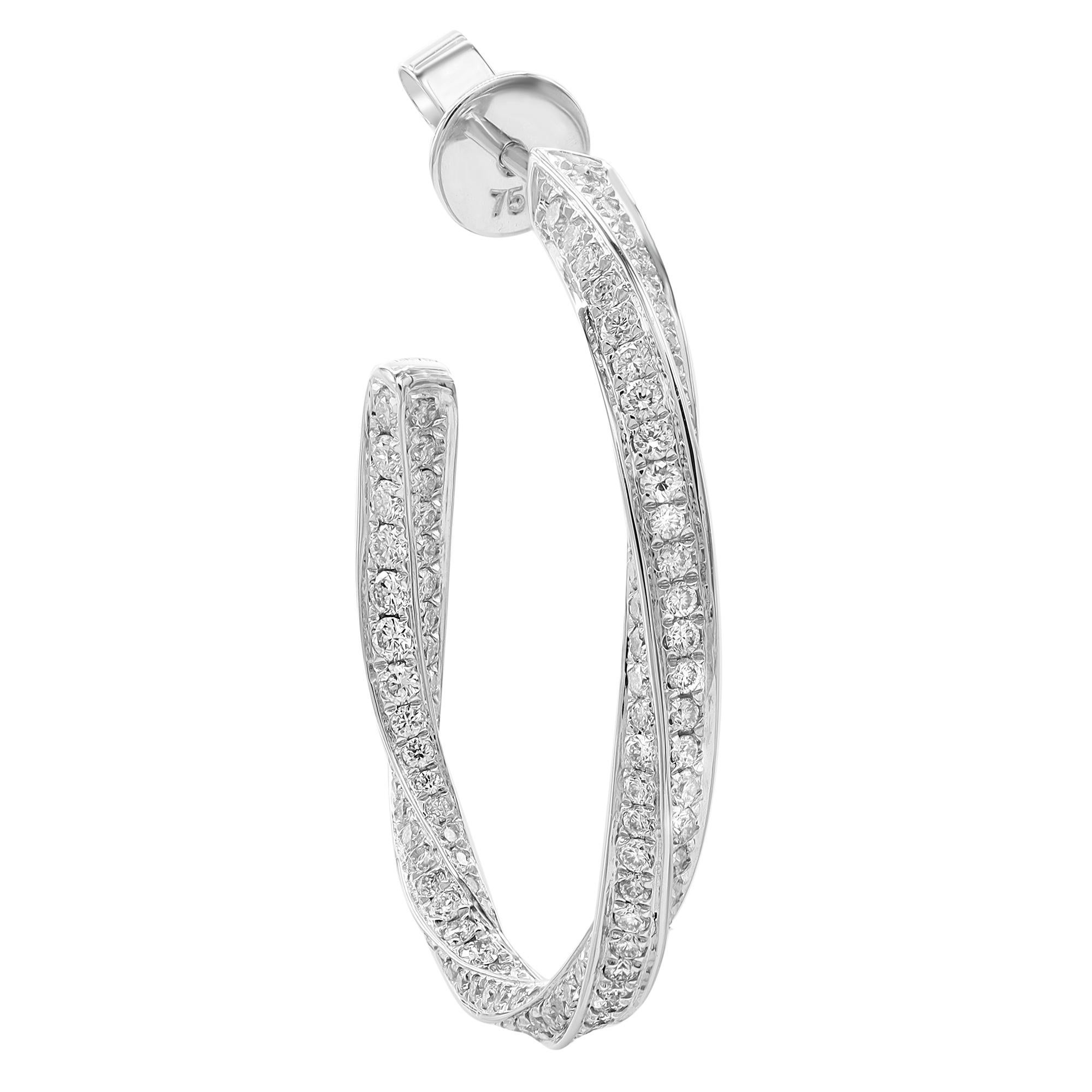 Modern 2.02Cttw Pave Set Round Cut Diamond Hoop Earrings 18K White Gold For Sale