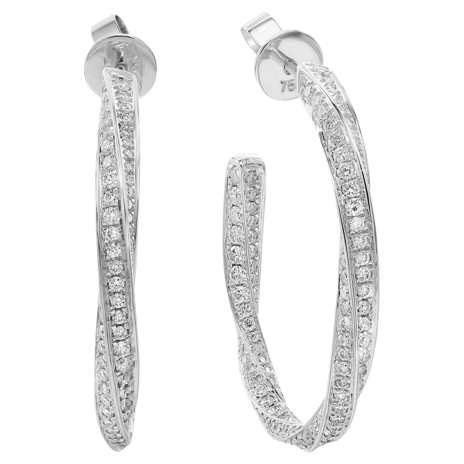 2.02Cttw Pave Set Round Cut Diamond Hoop Earrings 18K White Gold For Sale