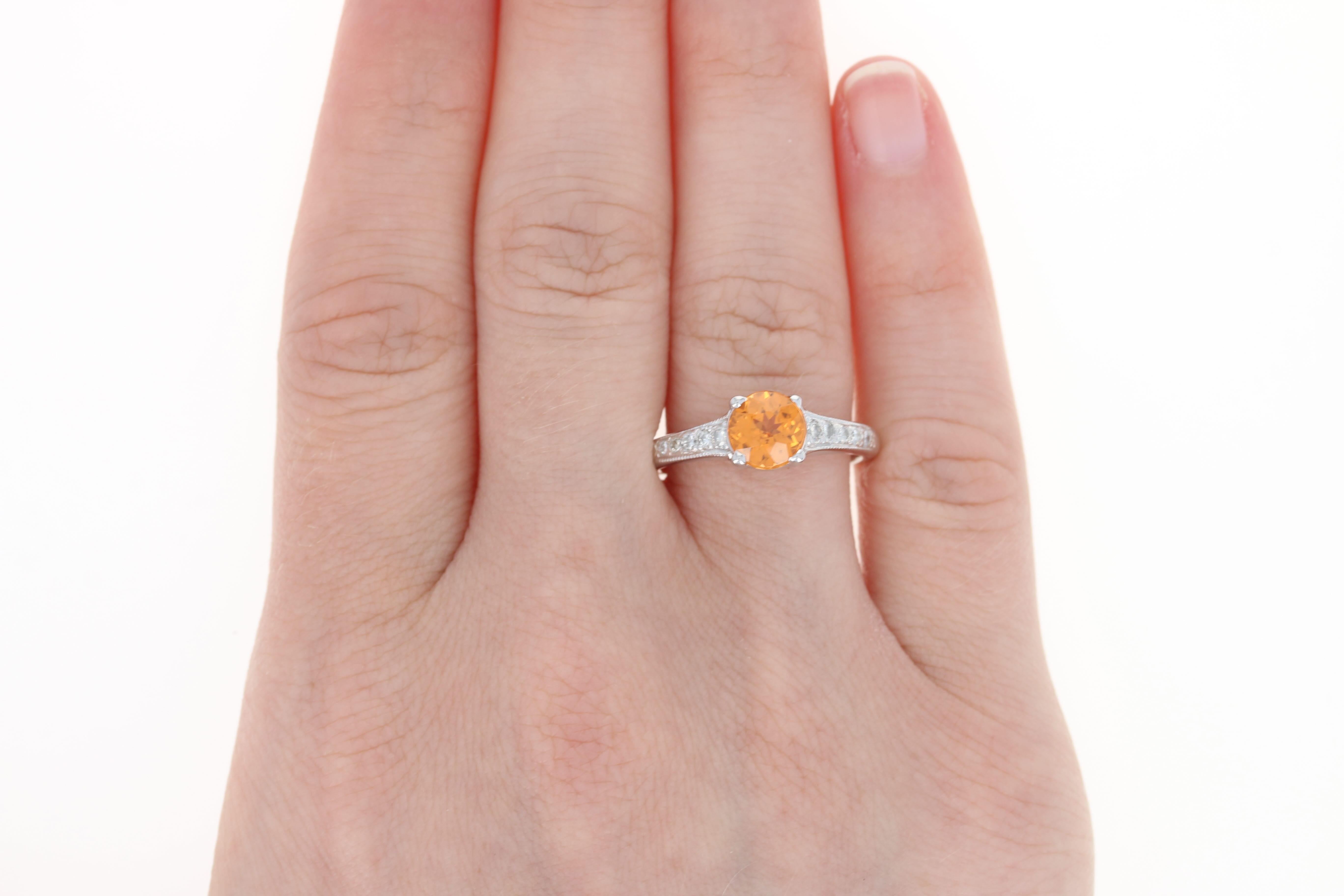 2.02 Carat Round Cut Mandarin Garnet and Diamond Ring, 14 Karat White Gold In Excellent Condition In Greensboro, NC