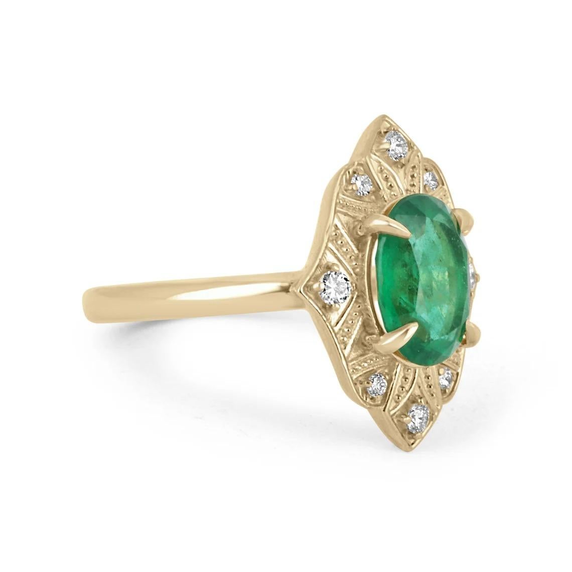 An exquisite fine quality emerald and diamond vintage ring. The center gemstone features a ravishing 1.86-carat, oval-cut Zambian emerald. The gemstone displays a rich and lustrous green color, very good clarity, and minimal internal imperfections.