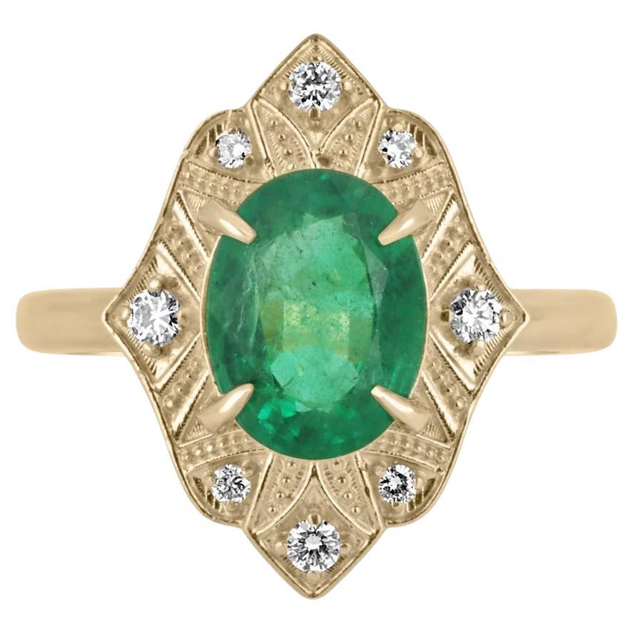 AAA+ real 2.02tcw Emerald-Oval Cut & Diamond Accent Vintage 18K Gold Ring Gift For Sale