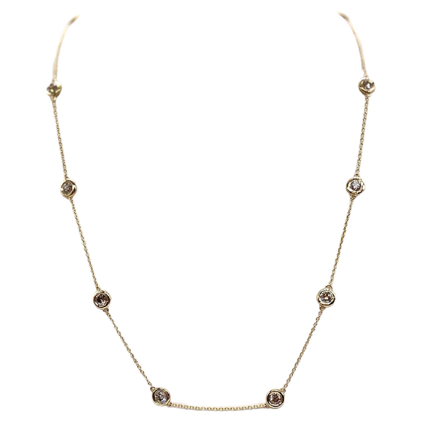 2.03 Carat 10 Station Diamond by the Yard Necklace 14 Karat Yellow Gold 16" For Sale