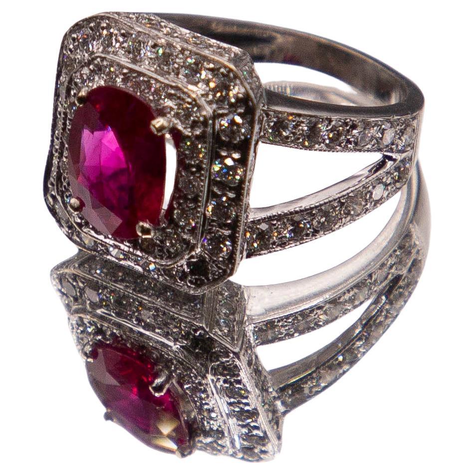 Oval Cut 2.03ct. Oval Burma Ruby AGL Certified Fine Red/ 2.85cts. E Color Diamonds  For Sale
