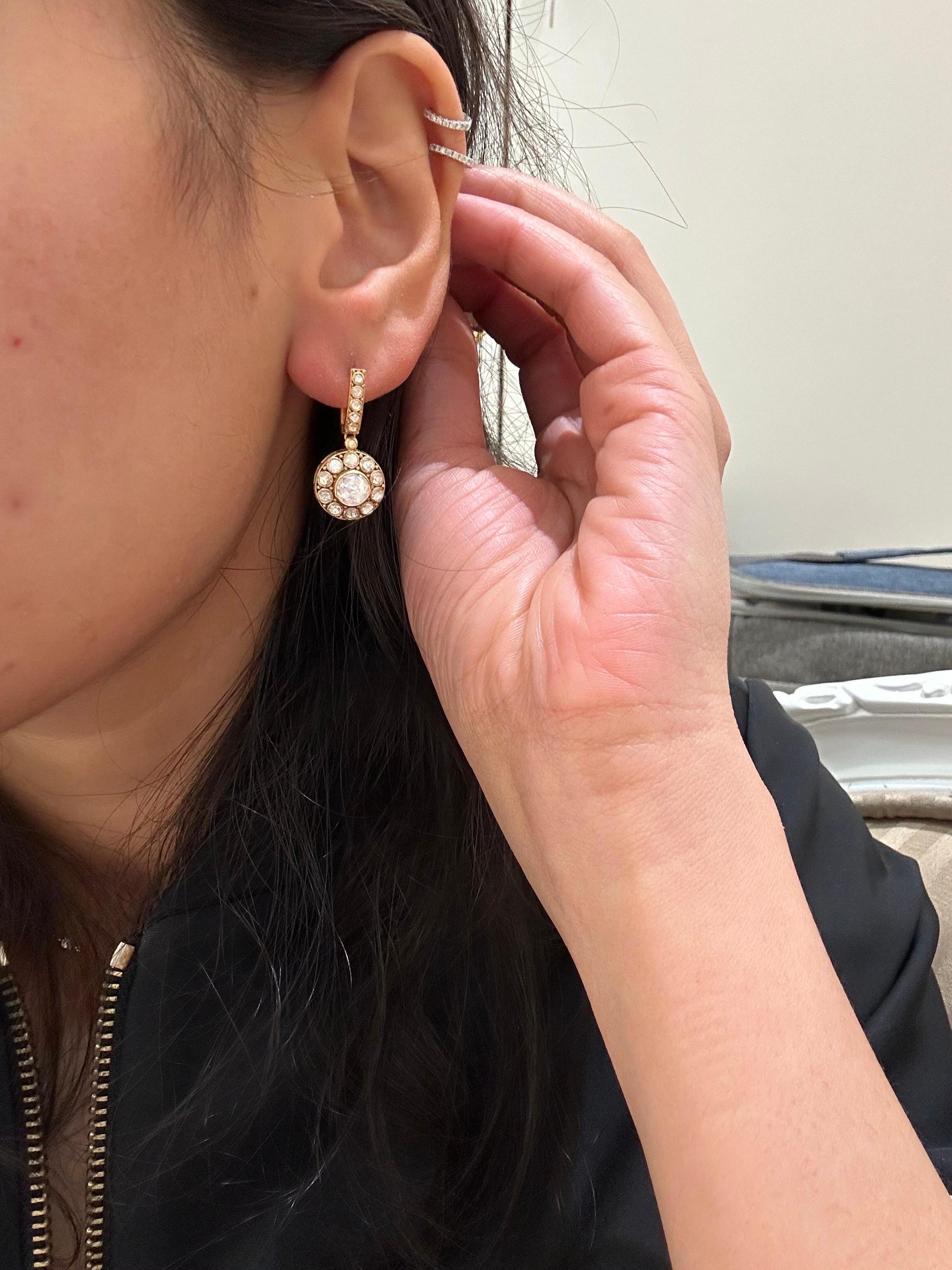 Taille rose Boucles d'oreilles pendantes en diamant taillé en rose 2,03 carats Antique en vente