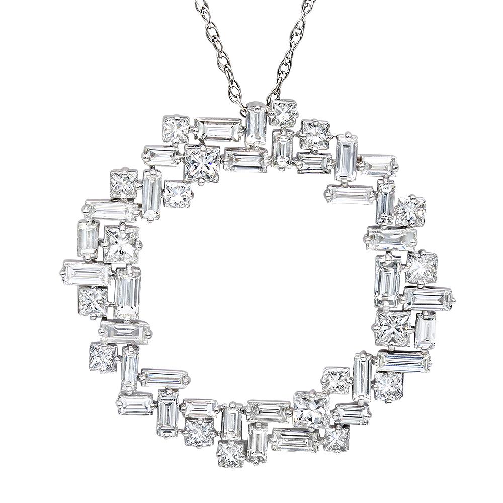 2.03 Carat Baguette 1.39 Carat Princess Cut Diamond  Circle Pendant Necklace  For Sale