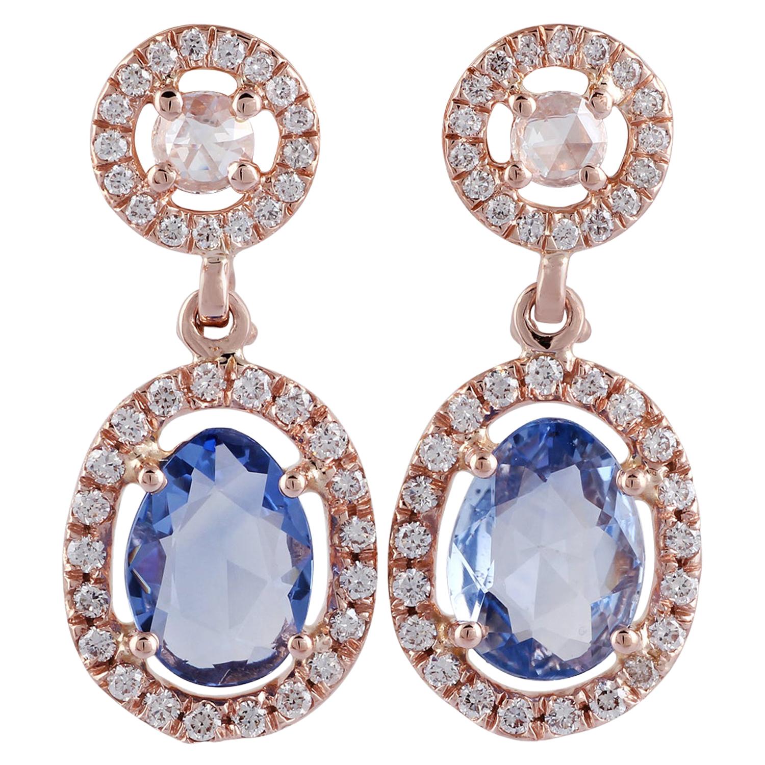 2.03 Carat Blue Sapphire and Diamond Earring Studded in 18 Karat Rose Gold