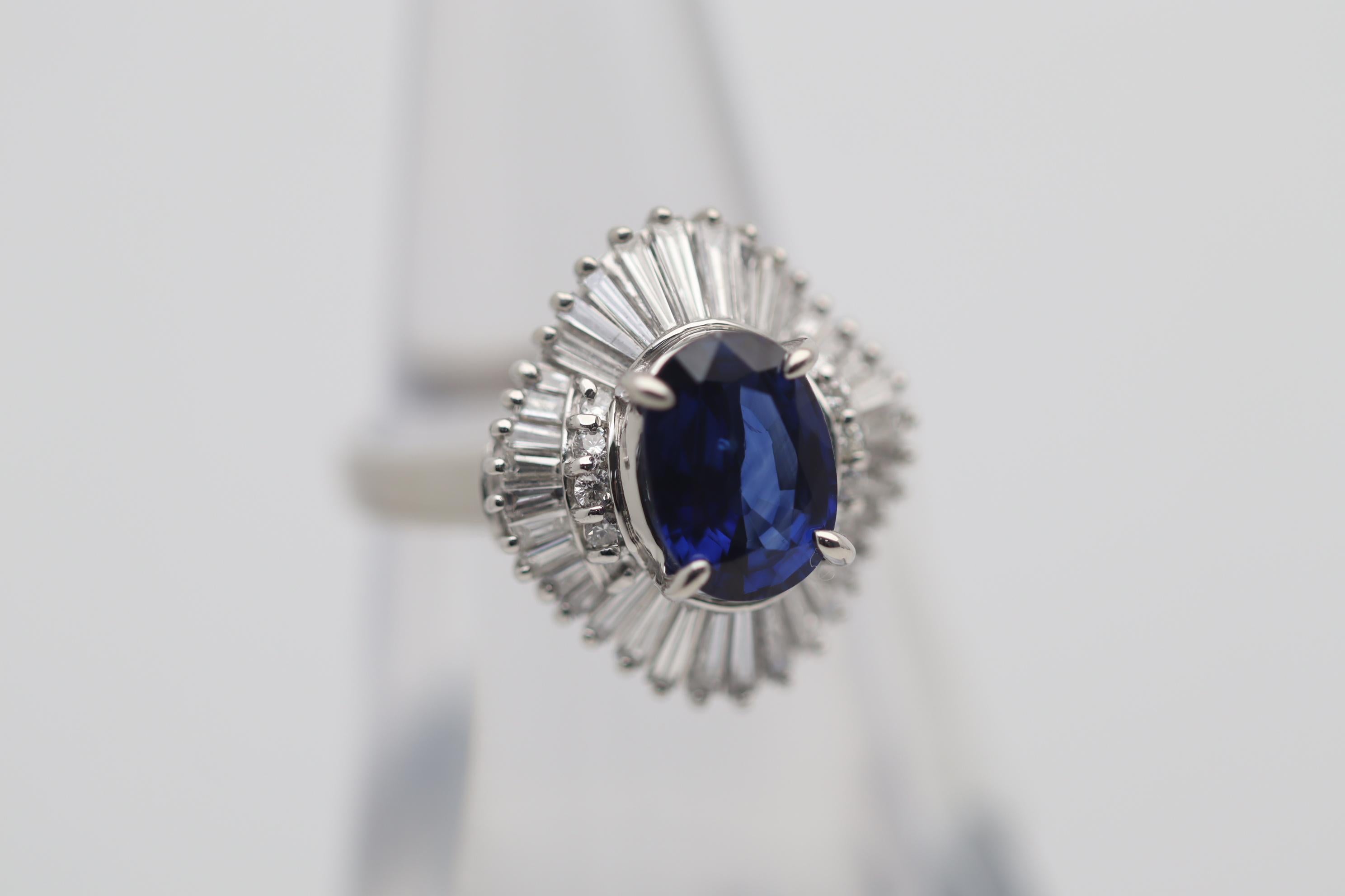 Oval Cut 2.03 Carat Blue Sapphire Diamond Platinum Ballerina Ring For Sale