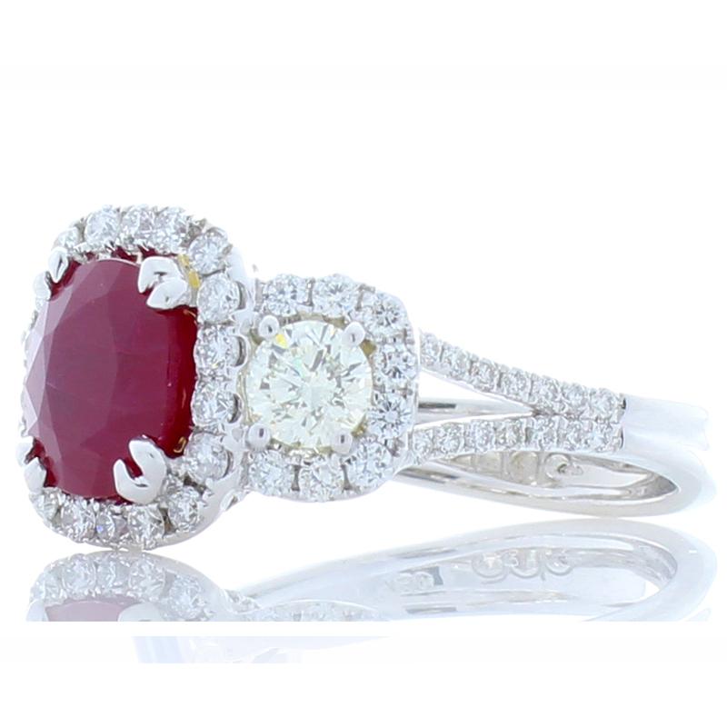 Contemporary 2.03 Carat Cushion Cut Ruby and Diamond Cocktail Ring in 18 Karat White Gold