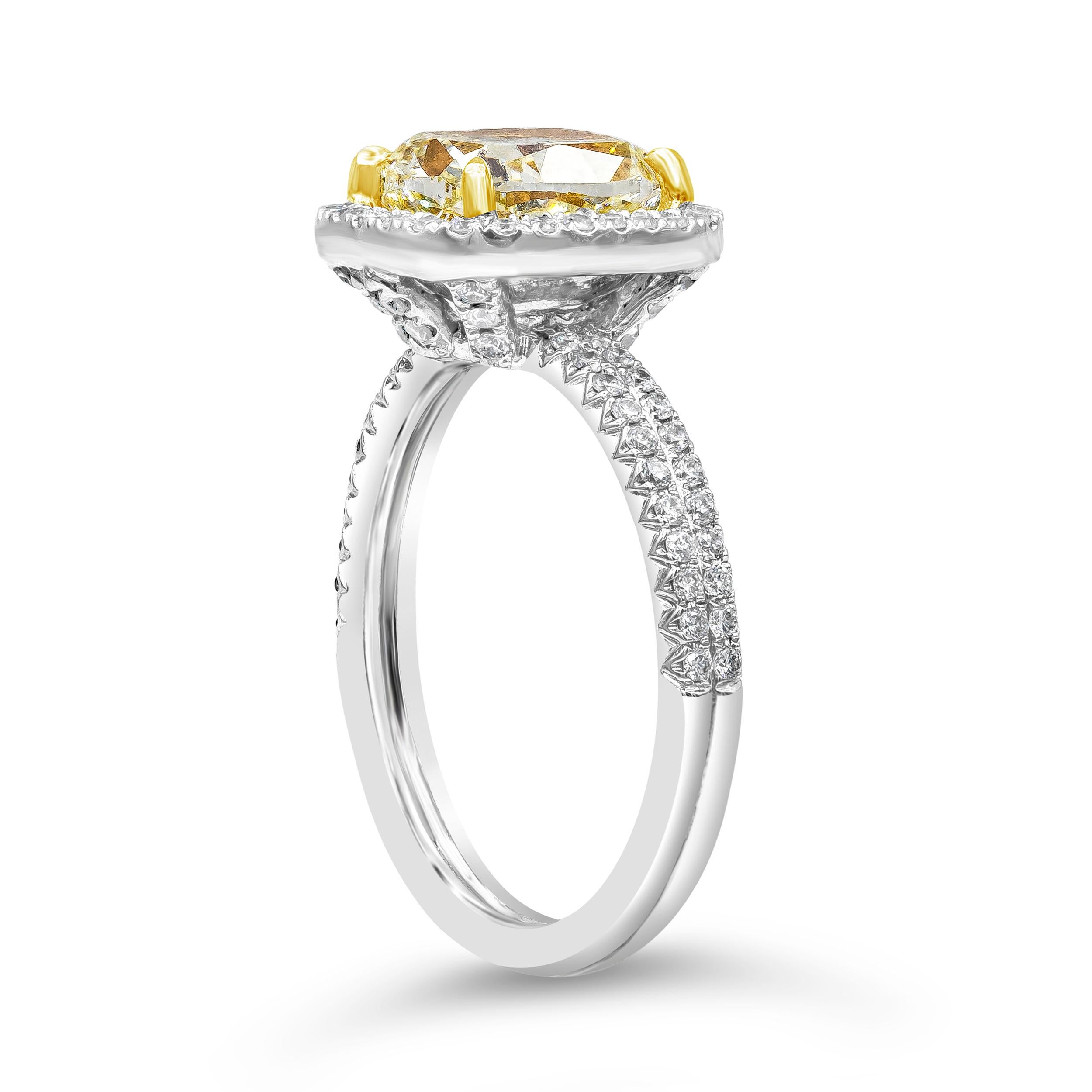 Contemporary Roman Malakov 2.03 Carats Cushion Cut Yellow Diamond Halo Engagement Ring For Sale