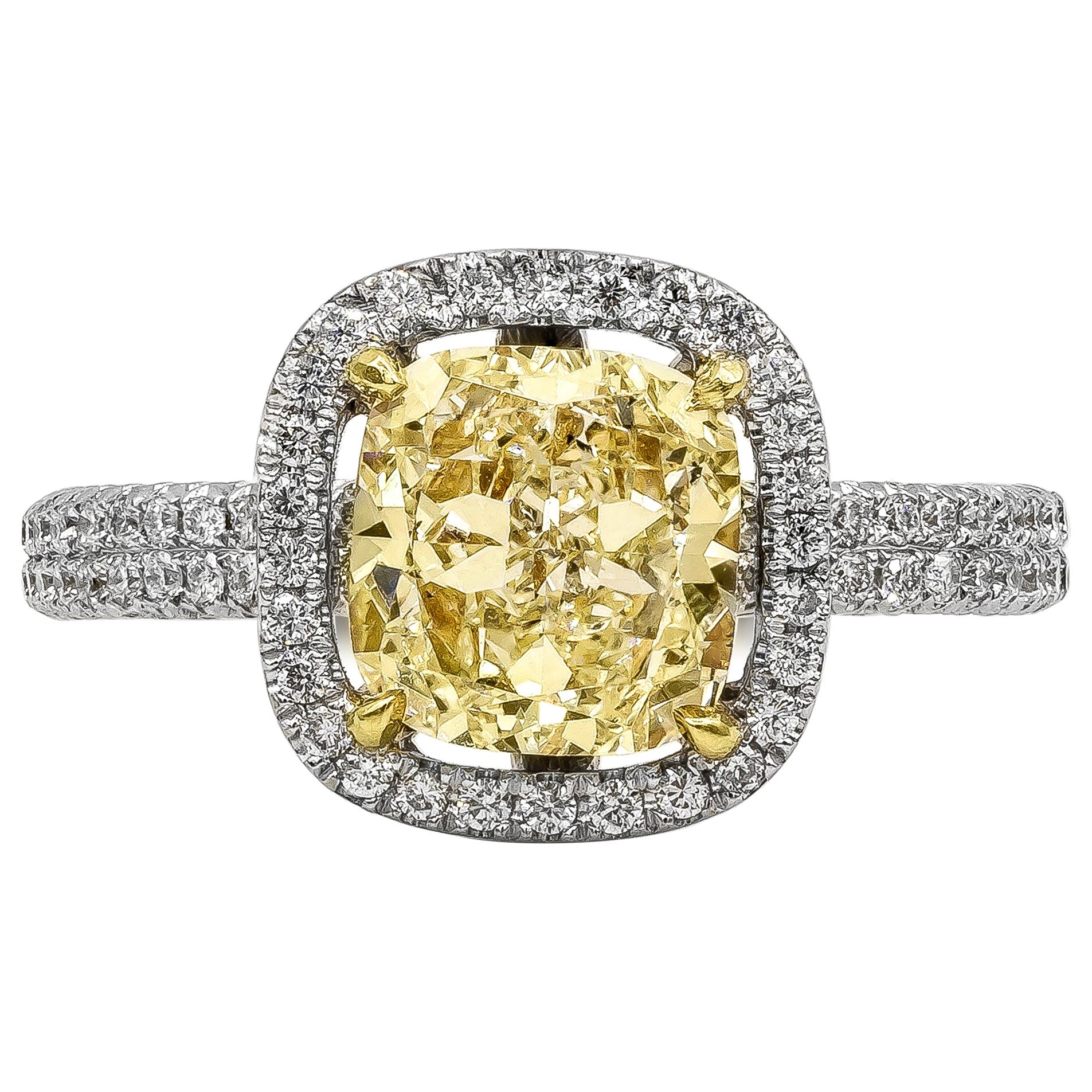 Roman Malakov 2.03 Carats Cushion Cut Yellow Diamond Halo Engagement Ring For Sale