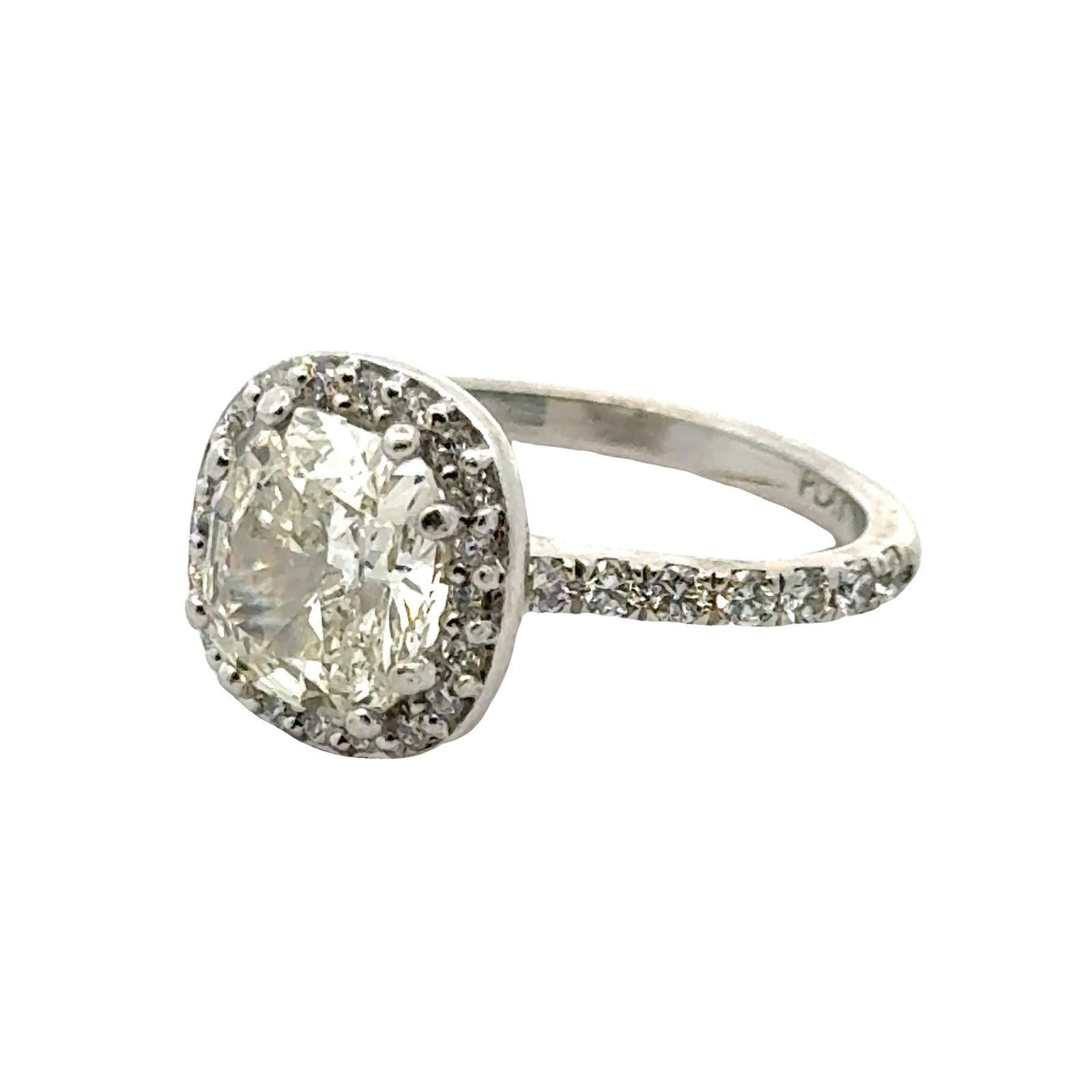 Women's 2.03 Carat Cushion Diamond Halo Platinum Engagement Ring GIA Certified J/SI1 For Sale