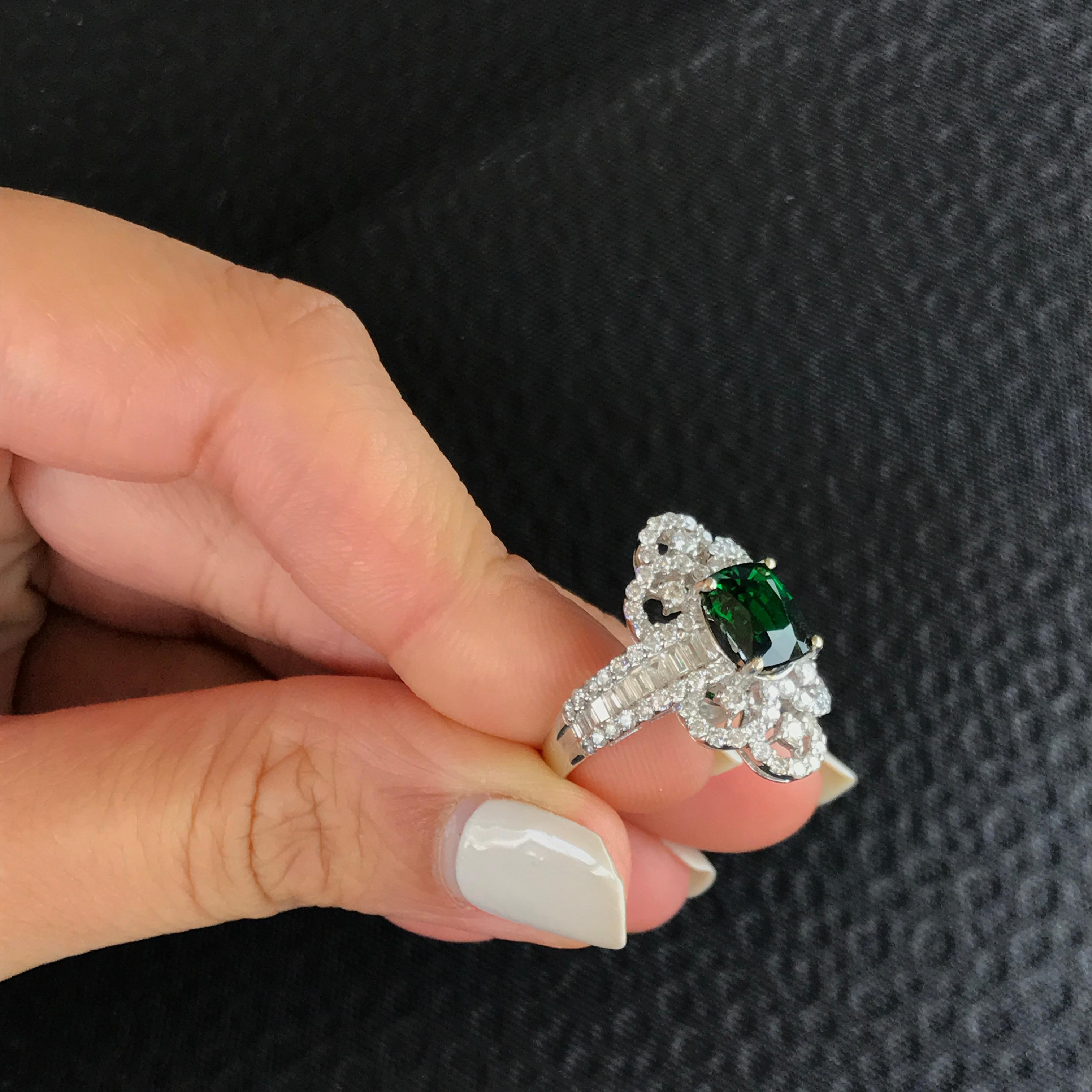 Cushion Cut 2.03 Carat Cushion Green Garnet and Diamond Cocktail Ring For Sale