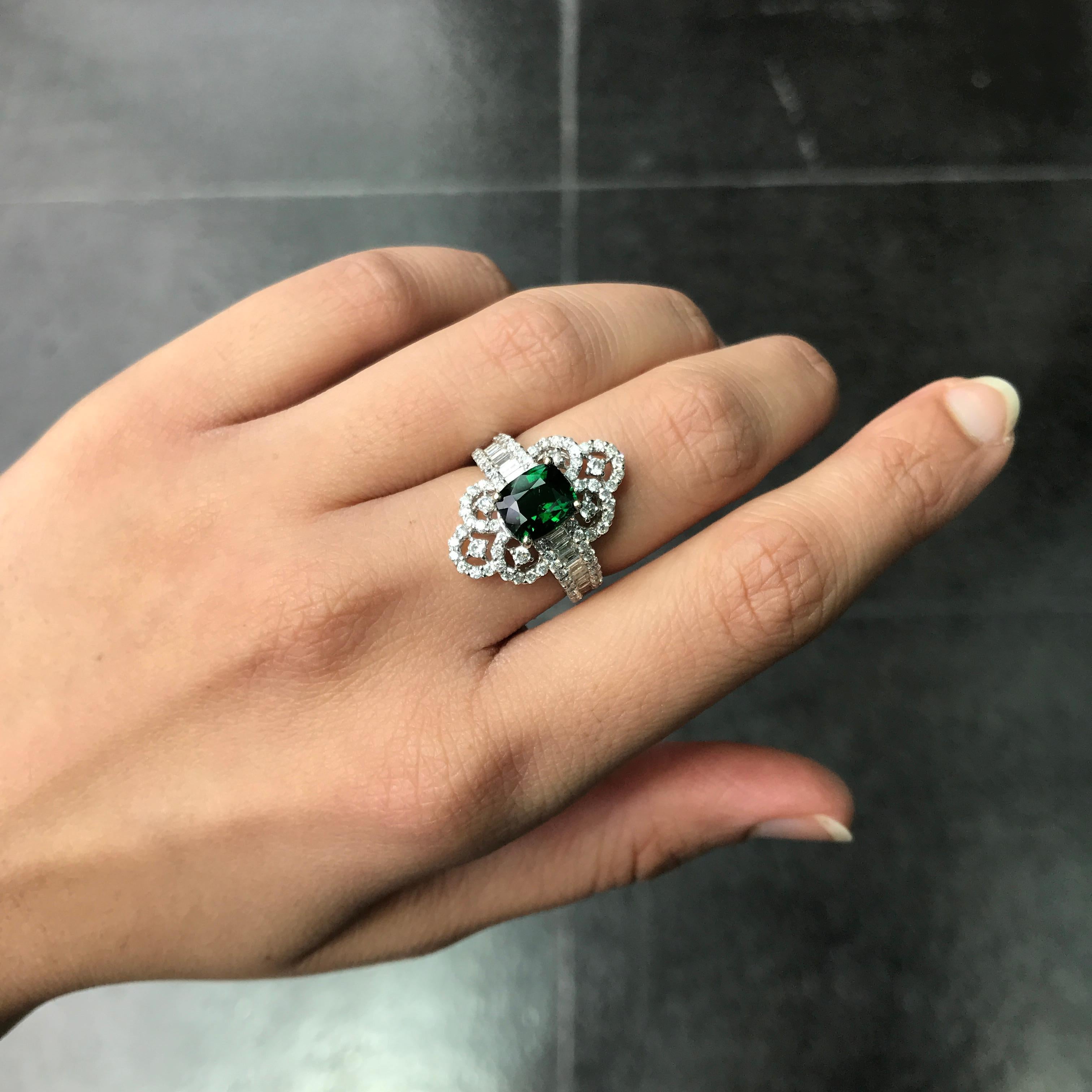 Women's 2.03 Carat Cushion Green Garnet and Diamond Cocktail Ring For Sale