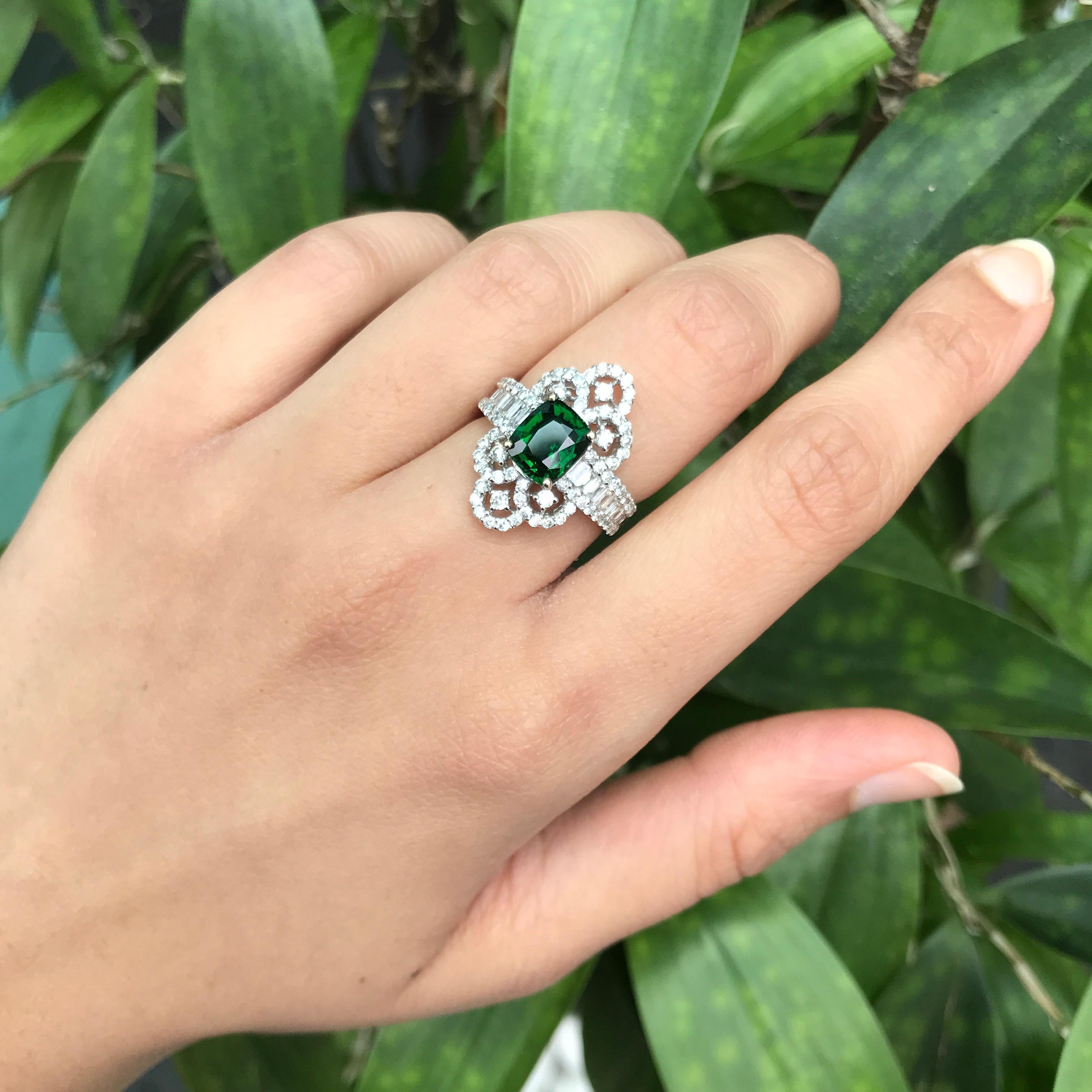 2.03 Carat Cushion Green Garnet and Diamond Cocktail Ring For Sale 1