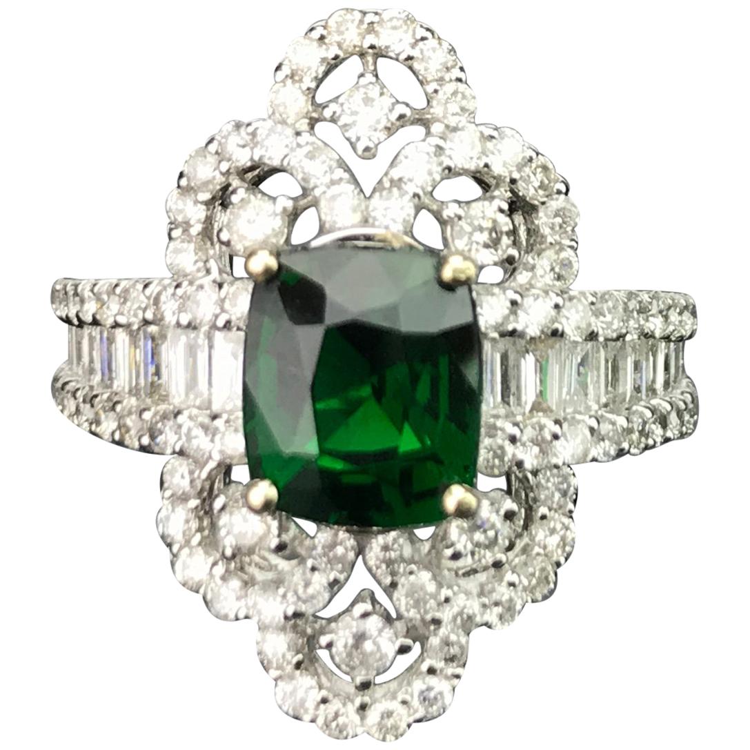 2.03 Carat Cushion Green Garnet and Diamond Cocktail Ring For Sale