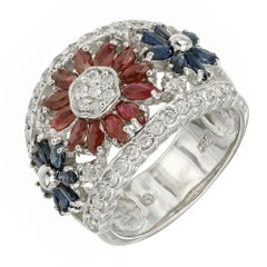 2.03 Carat Diamond Sapphire Ruby White Gold Flower Ring