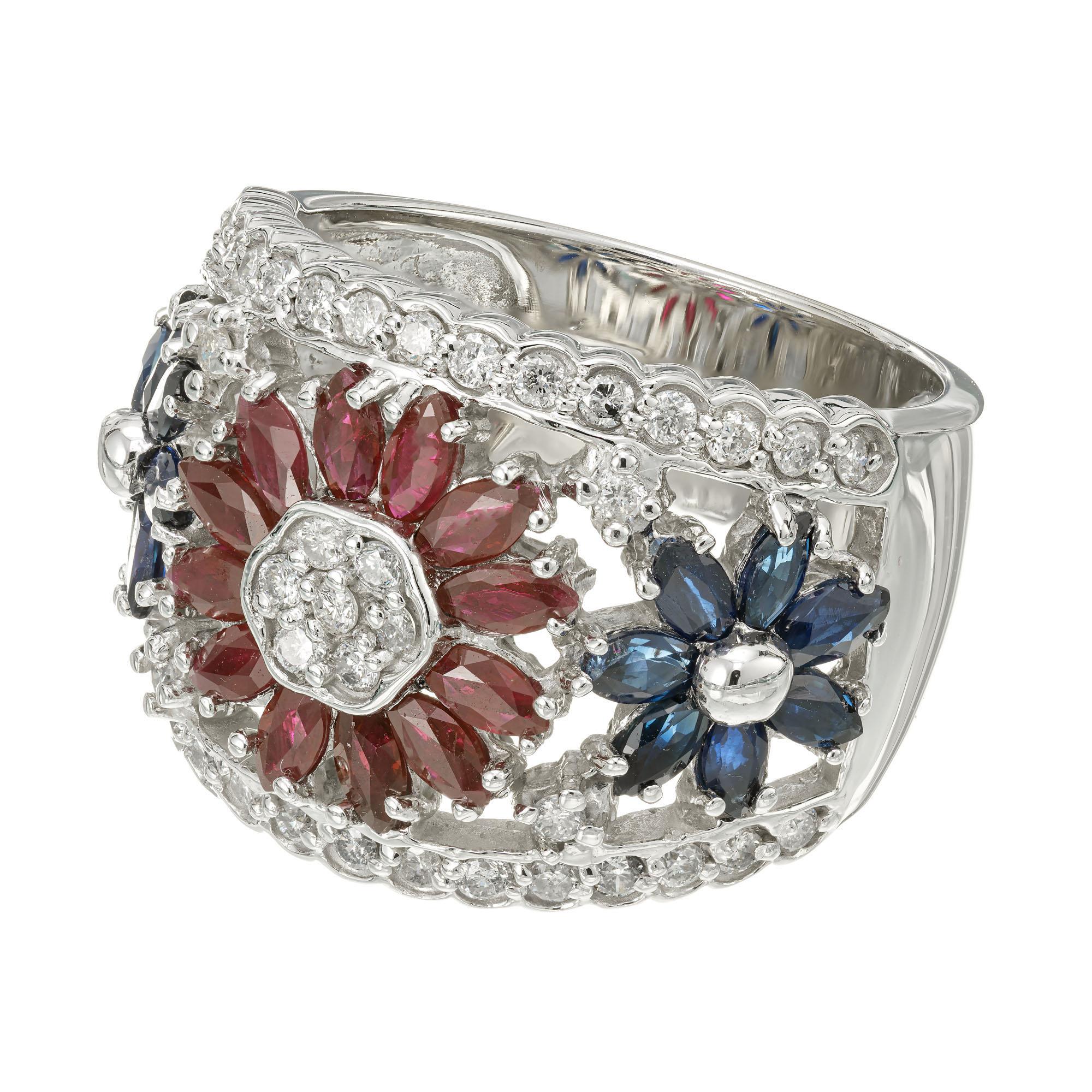 Marquise Cut 2.03 Carat Diamond Sapphire Ruby White Gold Flower Ring For Sale
