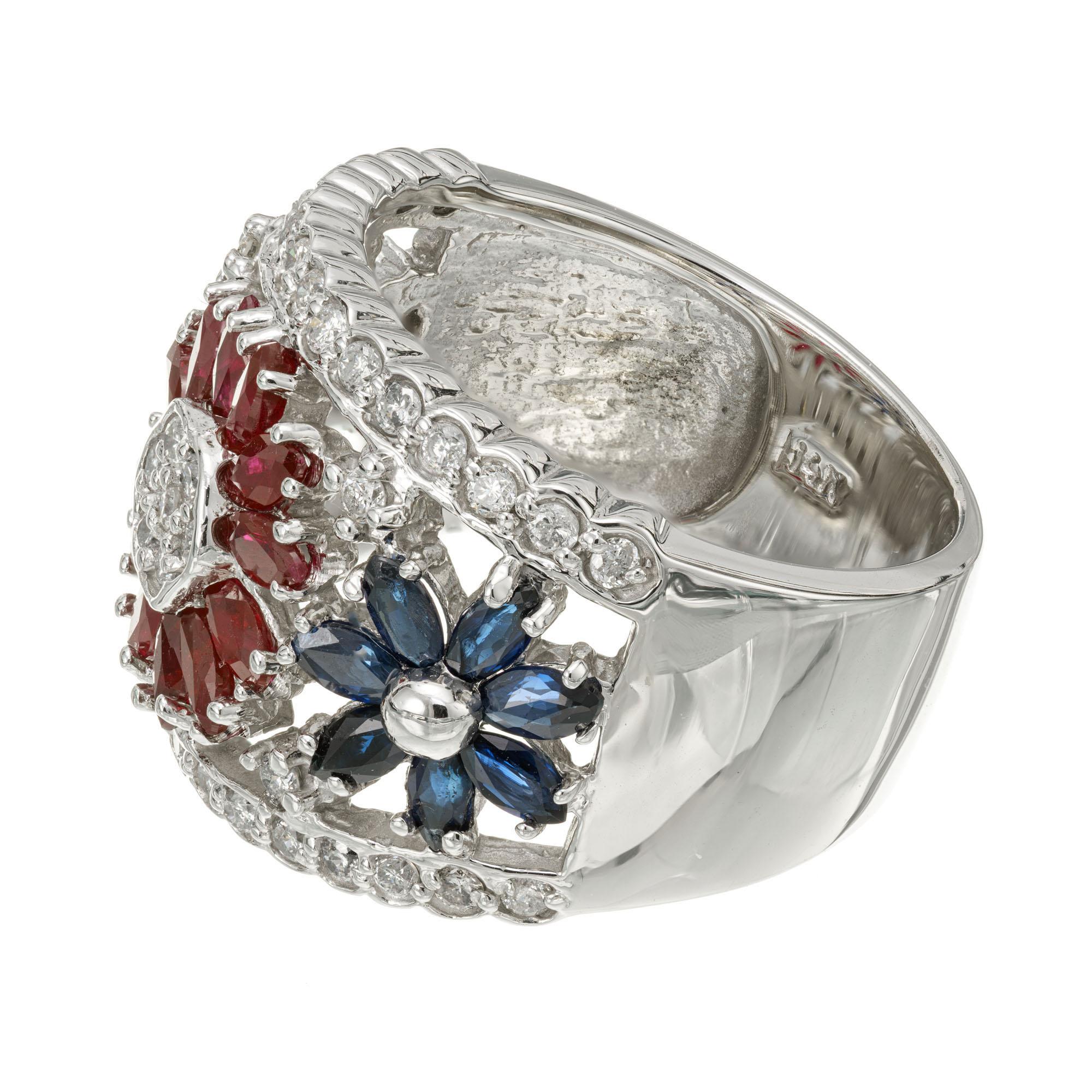 2.03 Carat Diamond Sapphire Ruby White Gold Flower Ring In Excellent Condition For Sale In Stamford, CT