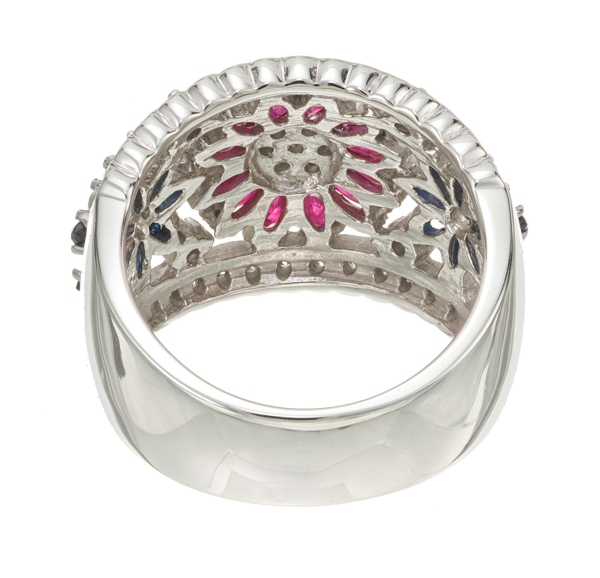 Women's 2.03 Carat Diamond Sapphire Ruby White Gold Flower Ring For Sale