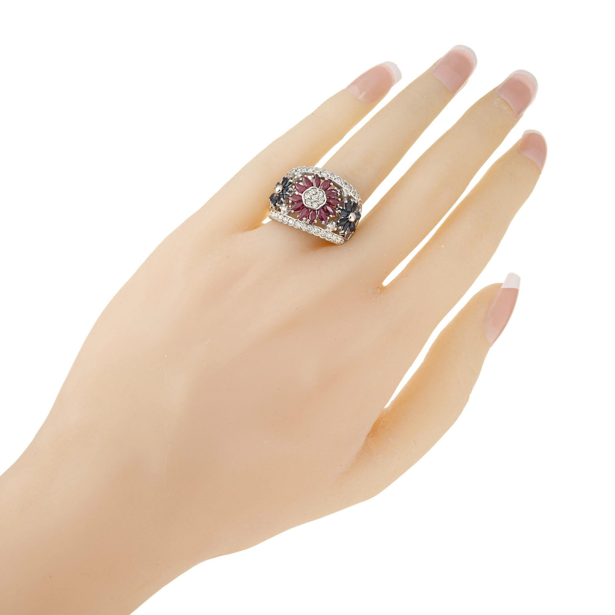 2.03 Carat Diamond Sapphire Ruby White Gold Flower Ring For Sale 2