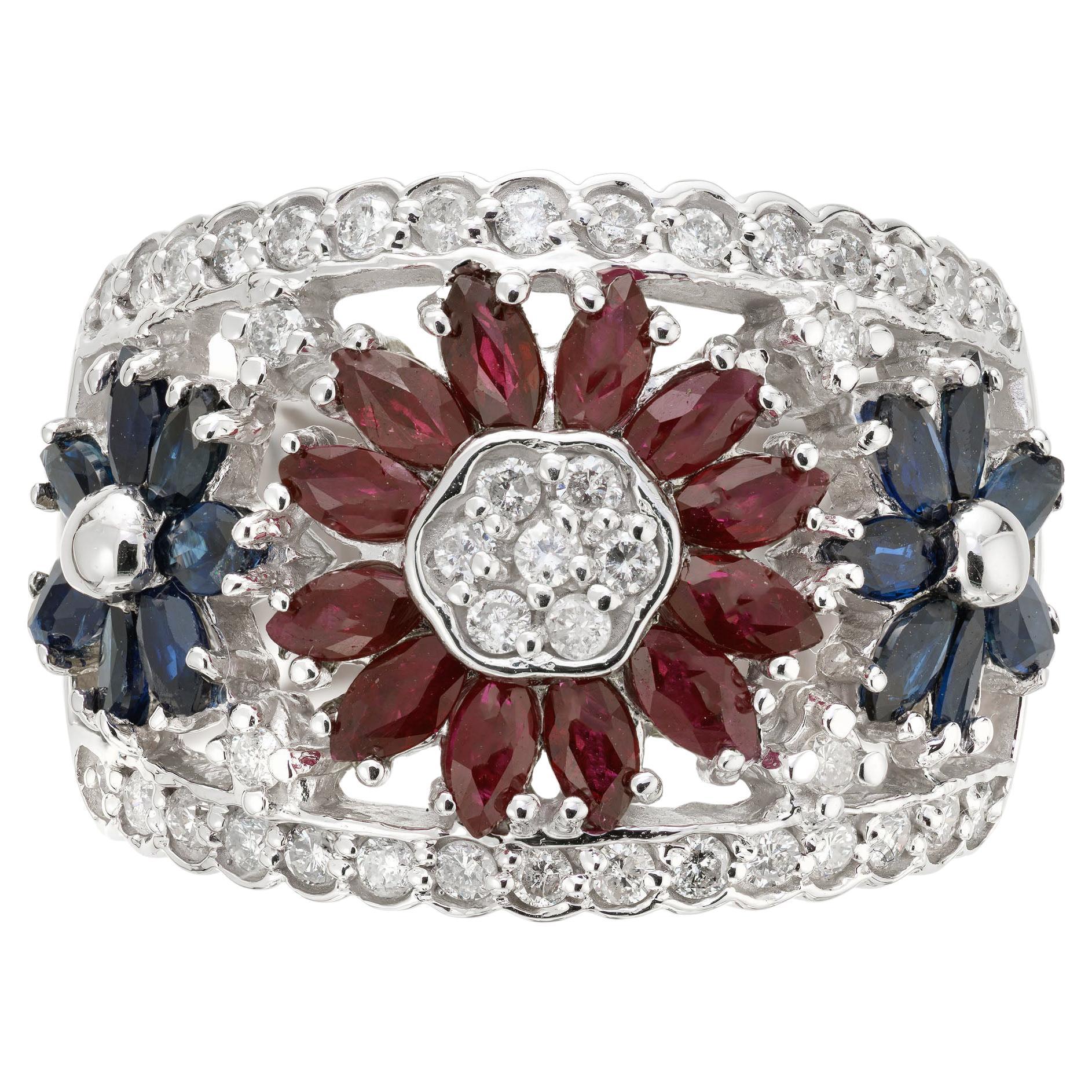 2.03 Carat Diamond Sapphire Ruby White Gold Flower Ring For Sale