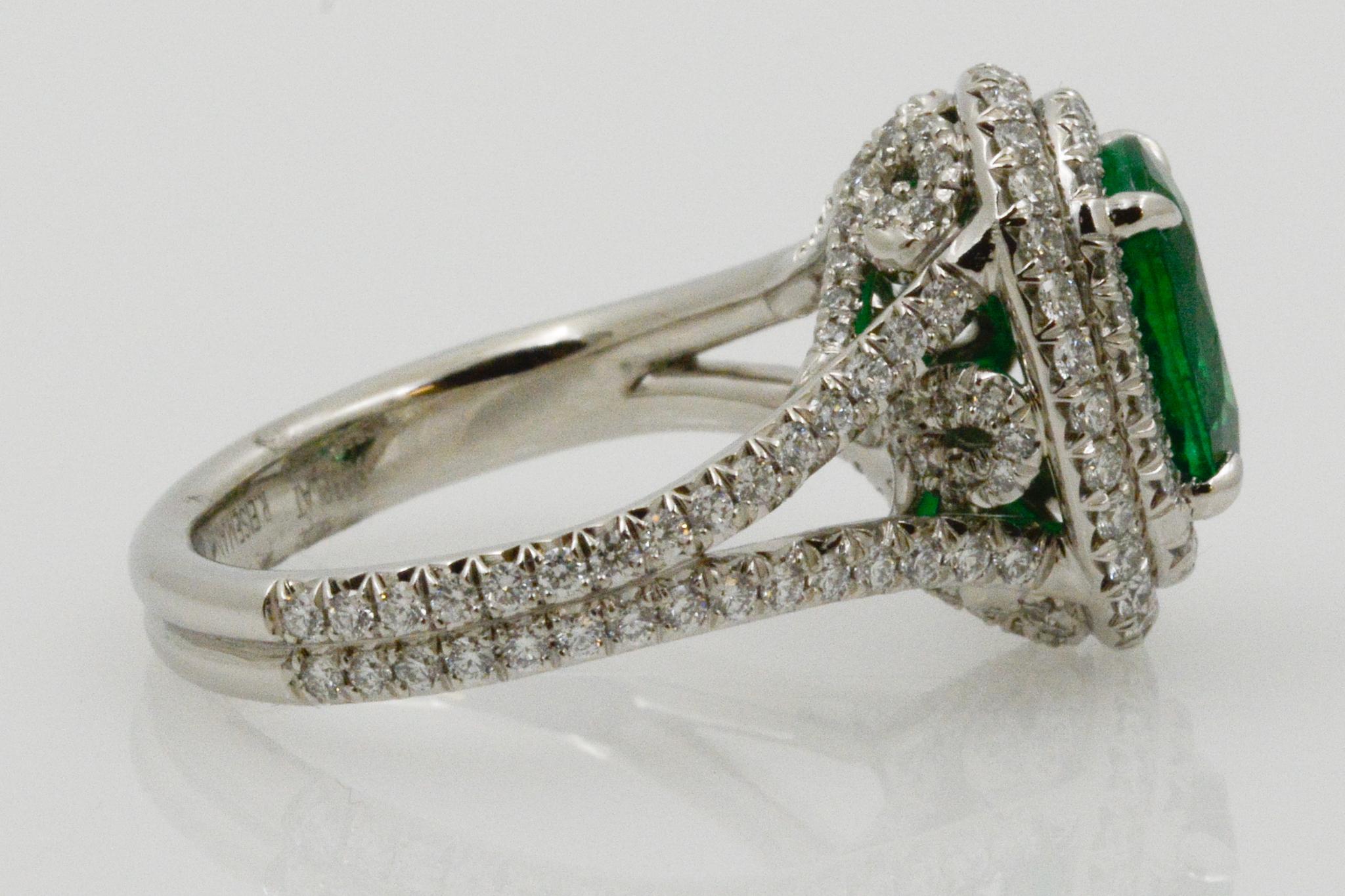 2.03 Carat Emerald and Diamond Halo Platinum Ring In Good Condition In Dallas, TX
