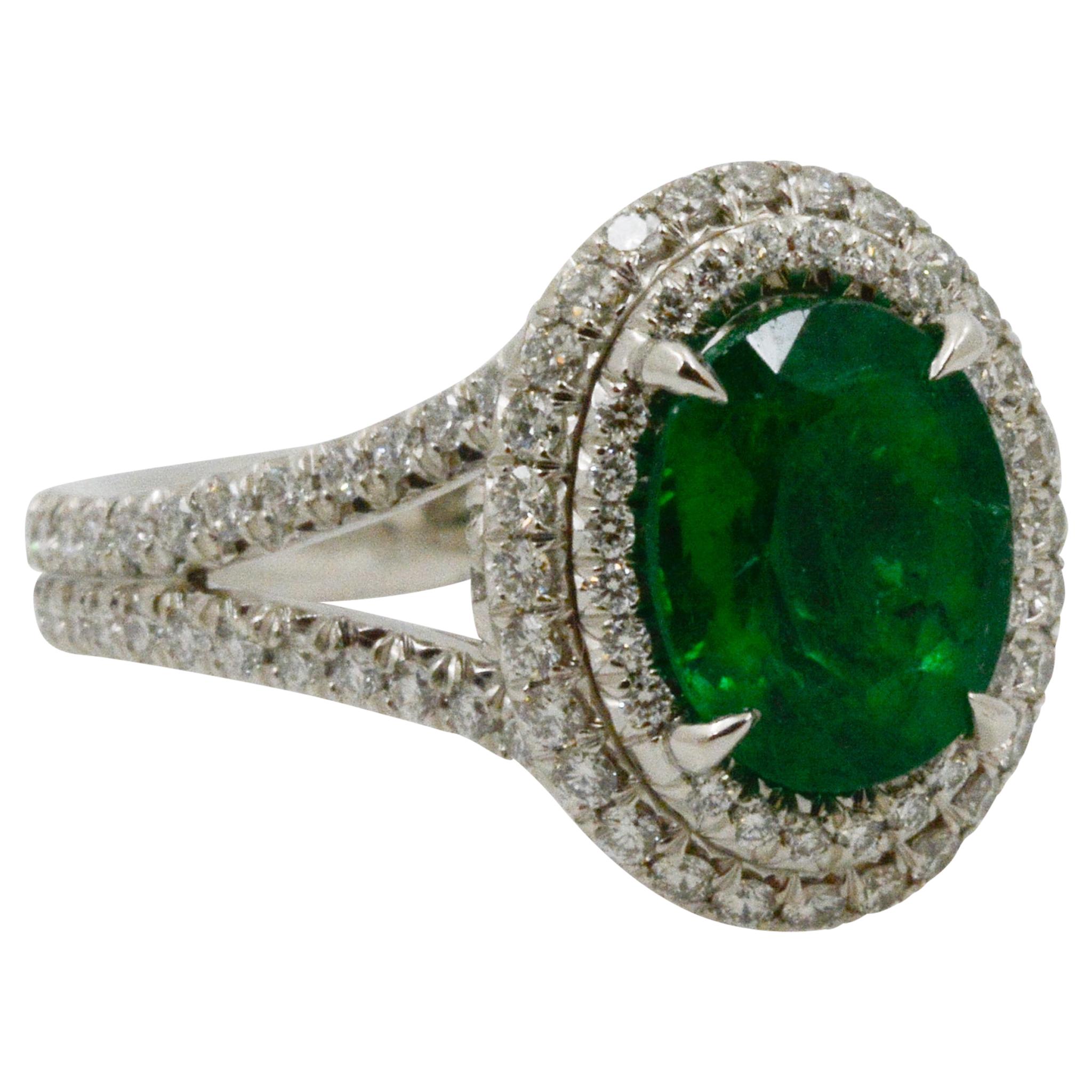 2.03 Carat Emerald and Diamond Halo Platinum Ring