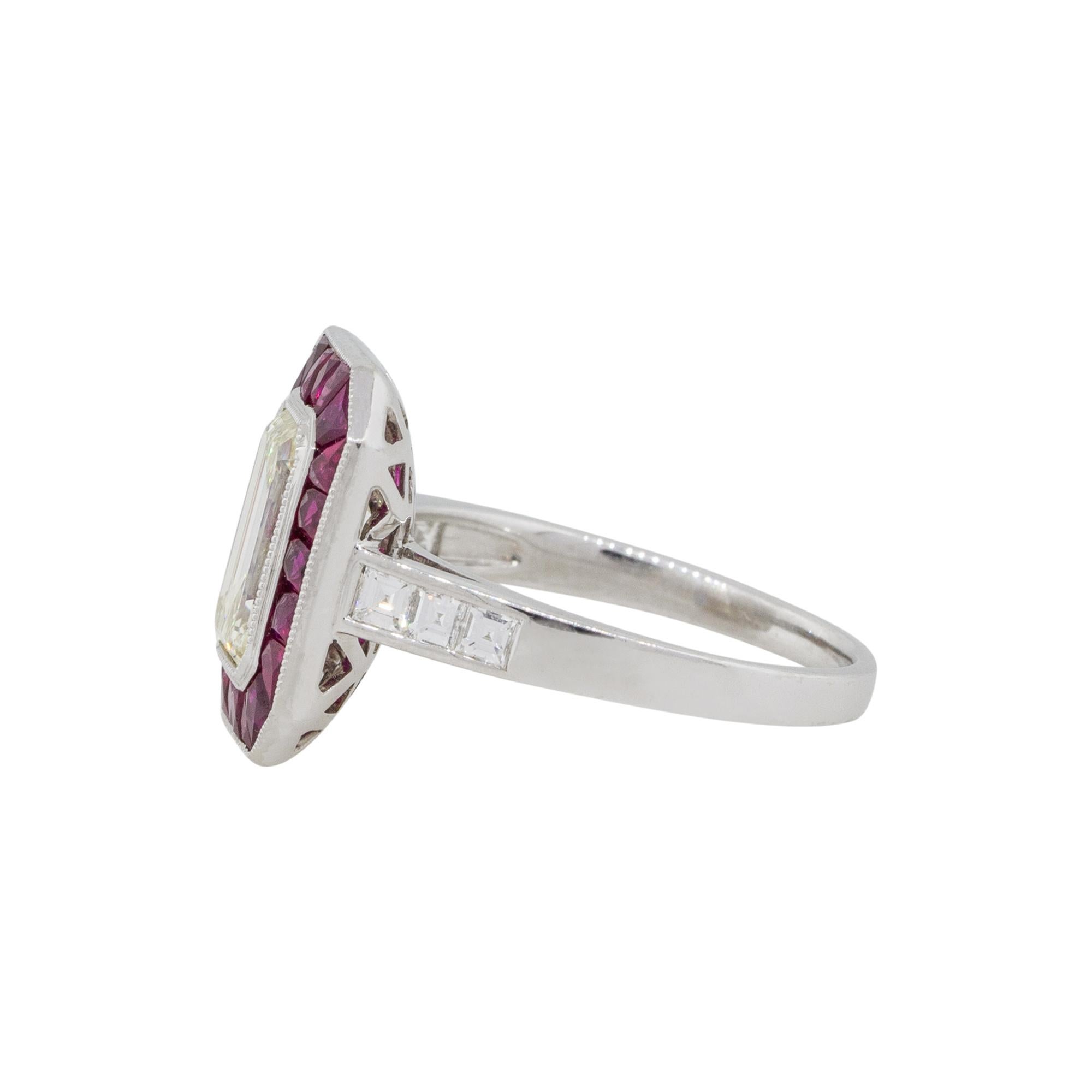 2.03 Carat Emerald Cut Diamond Center Ring with Rubies Platinum in Stock In New Condition In Boca Raton, FL